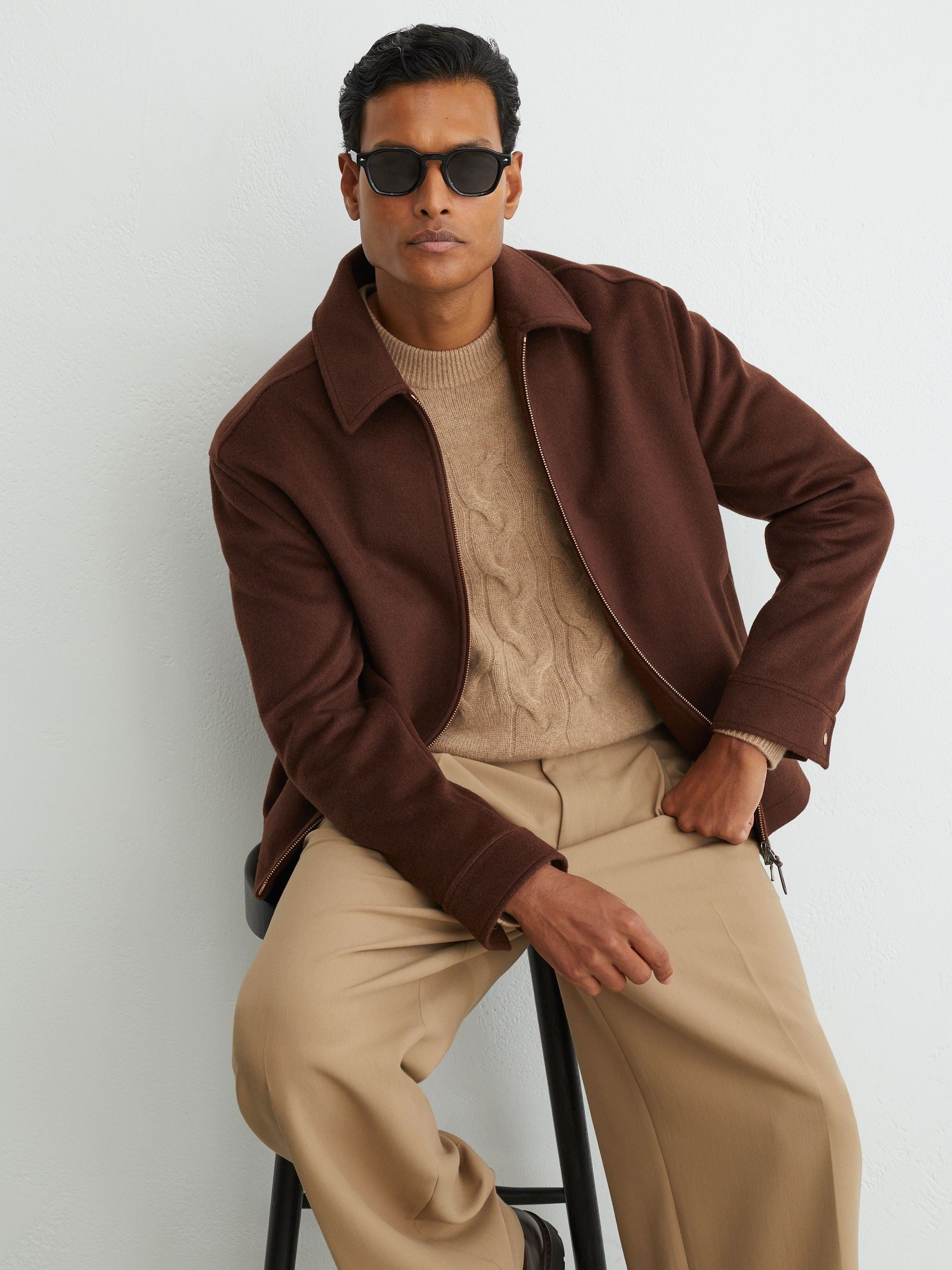 Brushed Wool-Blend Zip-Through Overshirt in Rust Red - Image 6 of 8
