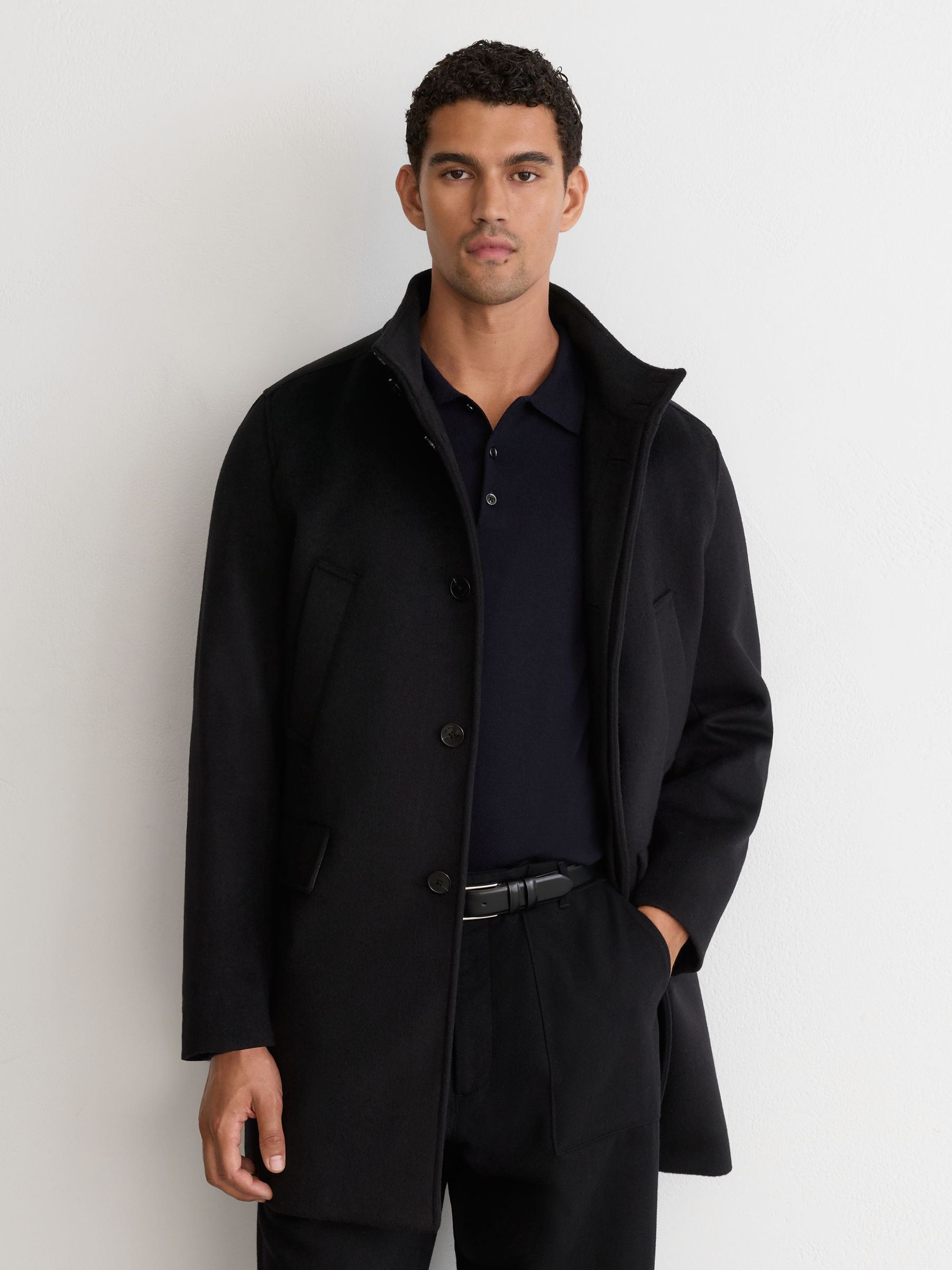 Wool-Blend Gilet-Insert Single-Breasted Coat in Black - Image 4 of 10