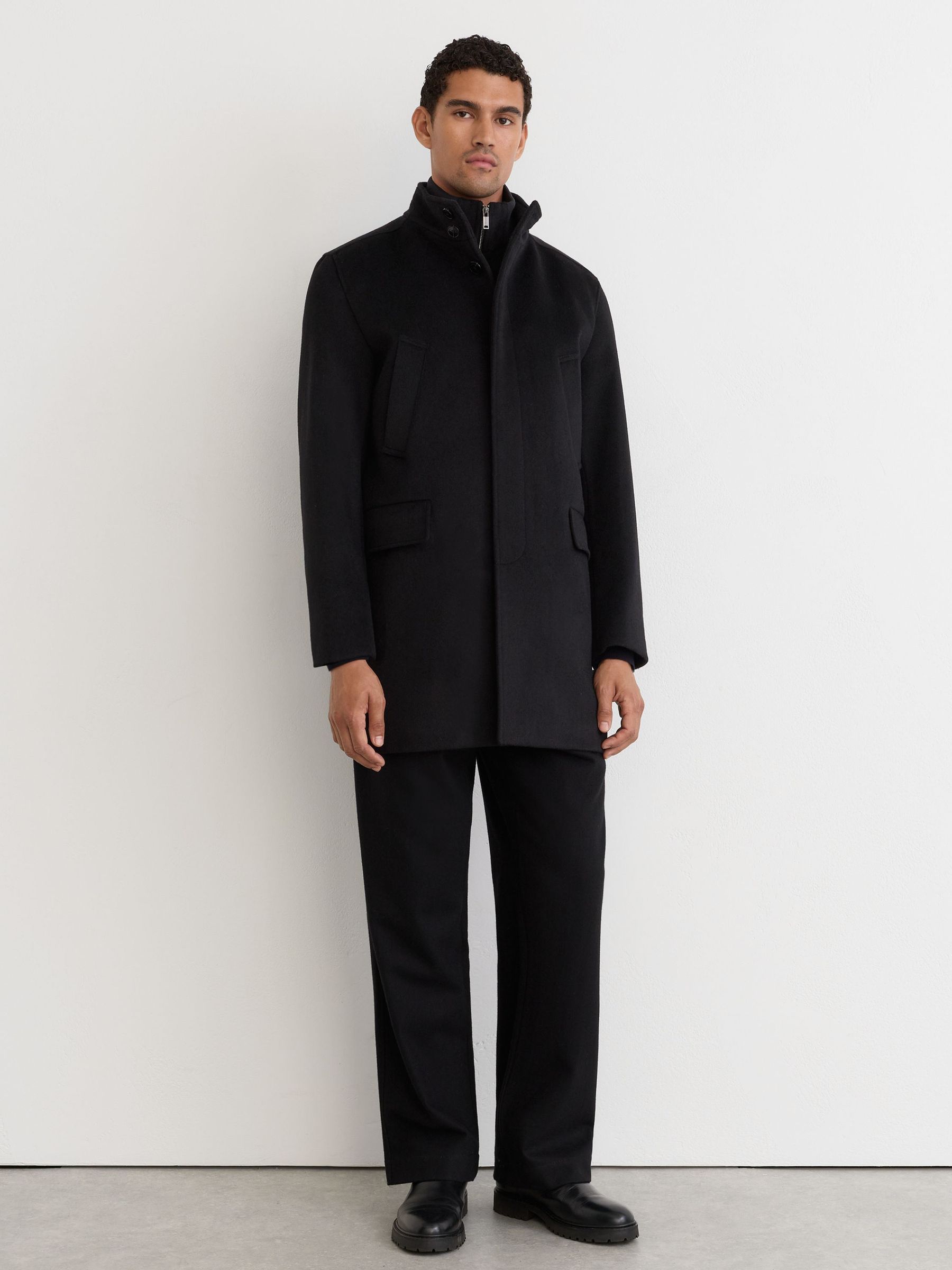 Wool-Blend Gilet-Insert Single-Breasted Coat in Black - Image 5 of 10