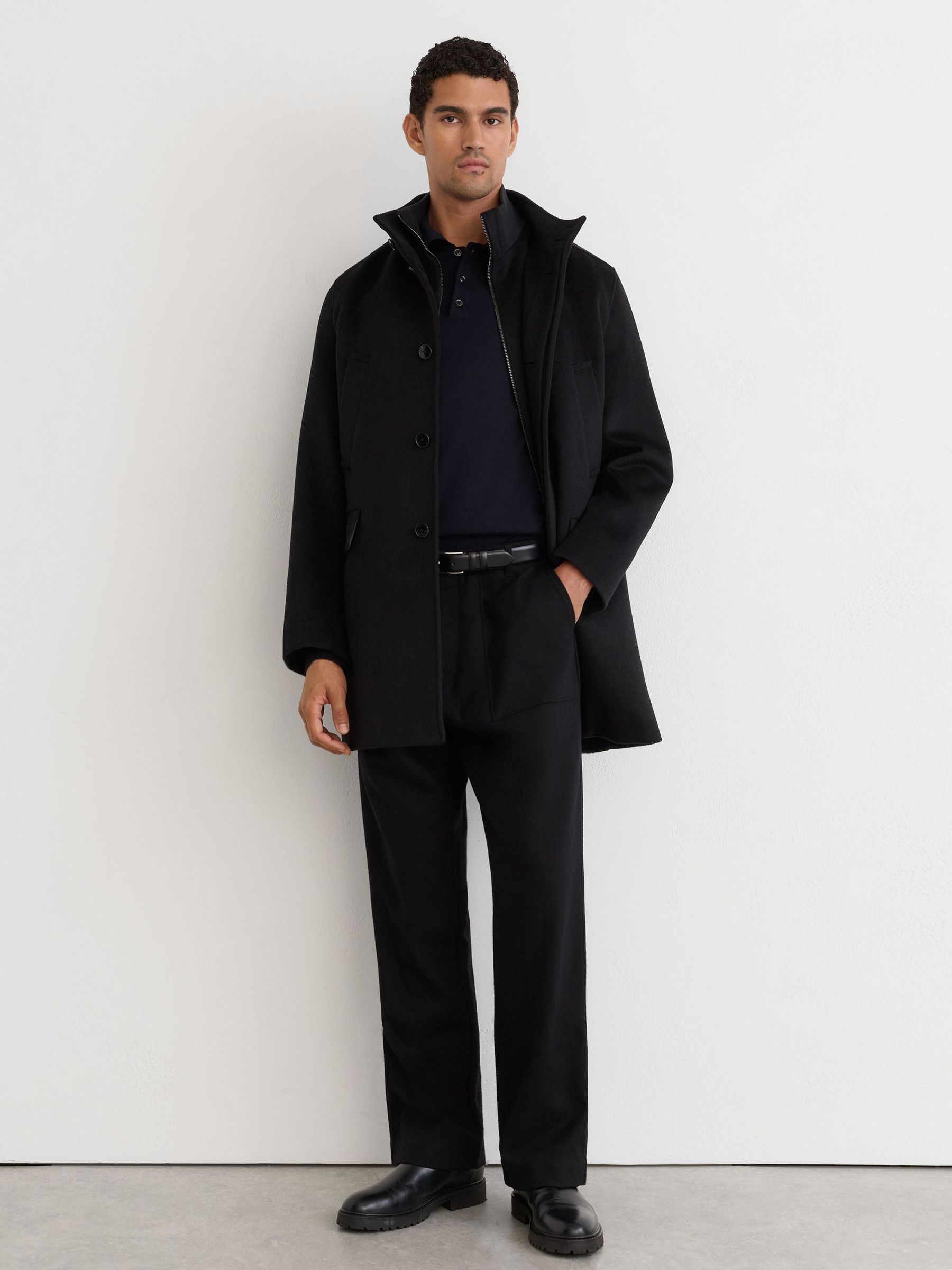 Wool-Blend Gilet-Insert Single-Breasted Coat in Black - Image 8 of 10