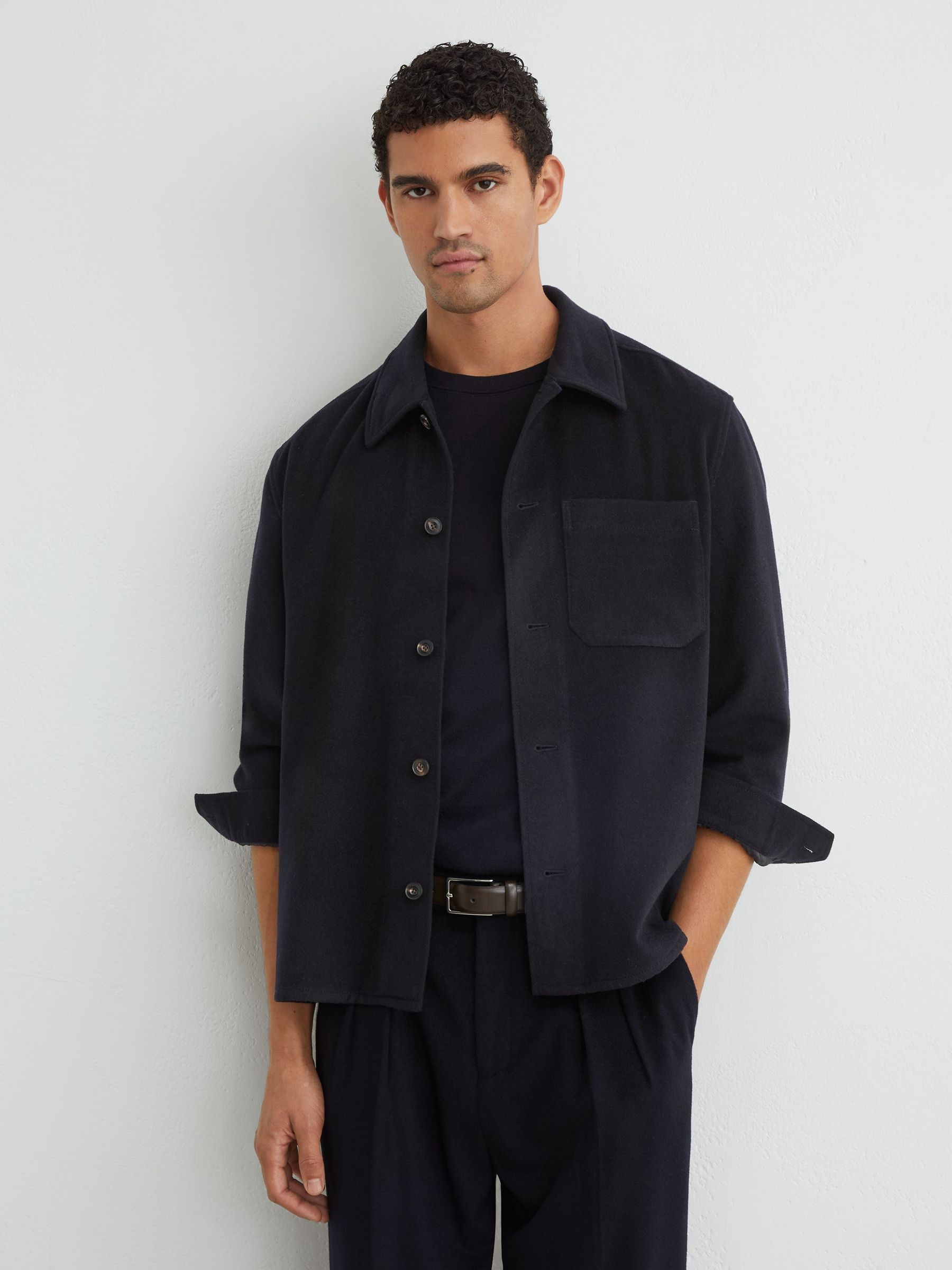 Brushed Wool-Blend Patch-Pocket Overshirt in Navy - Image 1 of 7