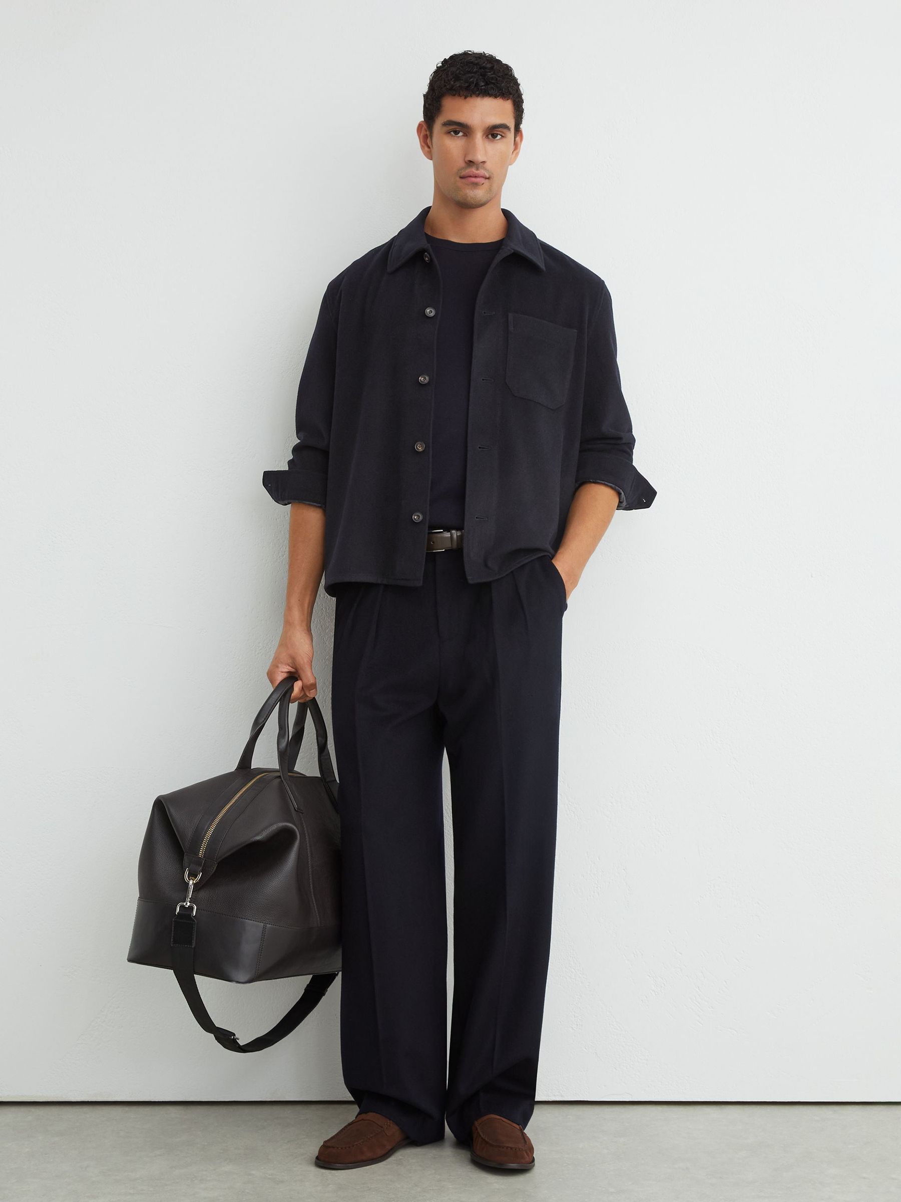 Brushed Wool-Blend Patch-Pocket Overshirt in Navy - Image 4 of 7