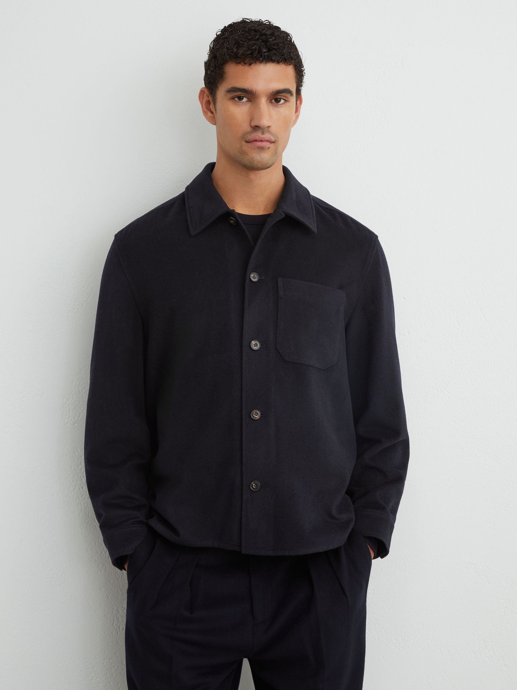 Brushed Wool-Blend Patch-Pocket Overshirt in Navy - Image 6 of 7