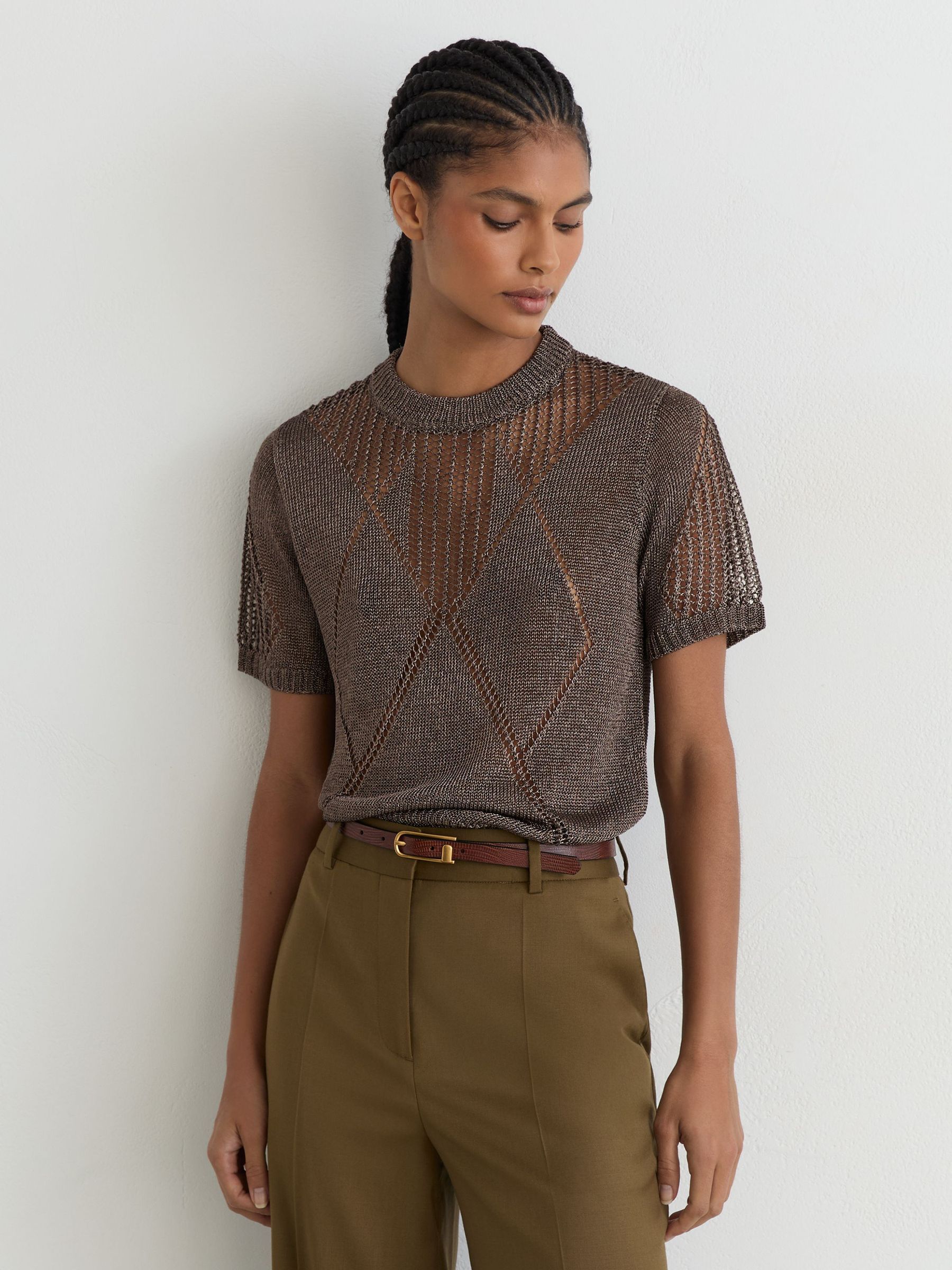Metallic Argyle Open-Knit Top in Gunmetal Grey - Image 4 of 6