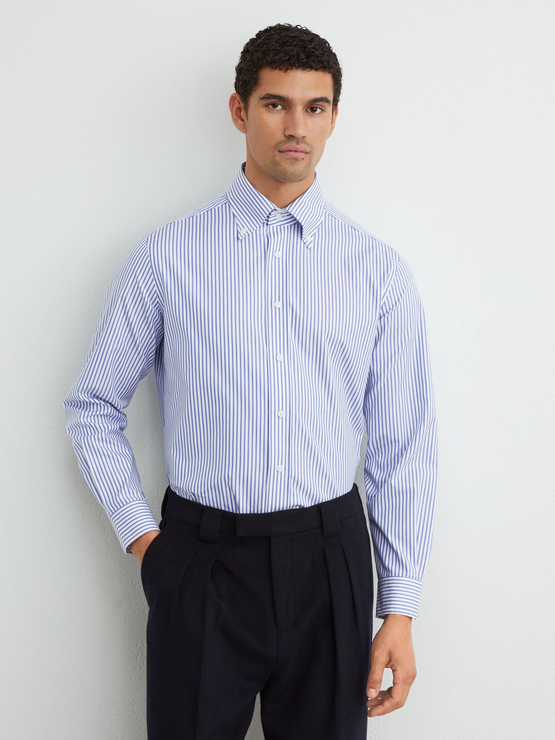 Cotton Striped Button-Down Shirt Regular-Fit in White/Blue Stripe - Image 3 of 7