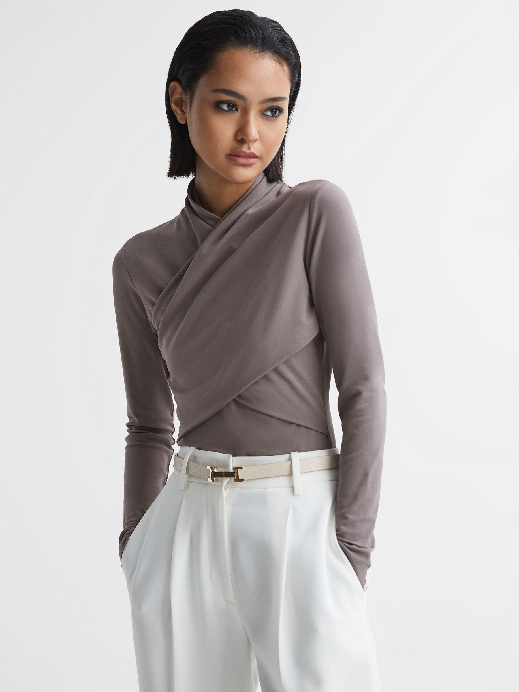 Reiss Long Sleeve Cross-Over Top in Mink - REISS