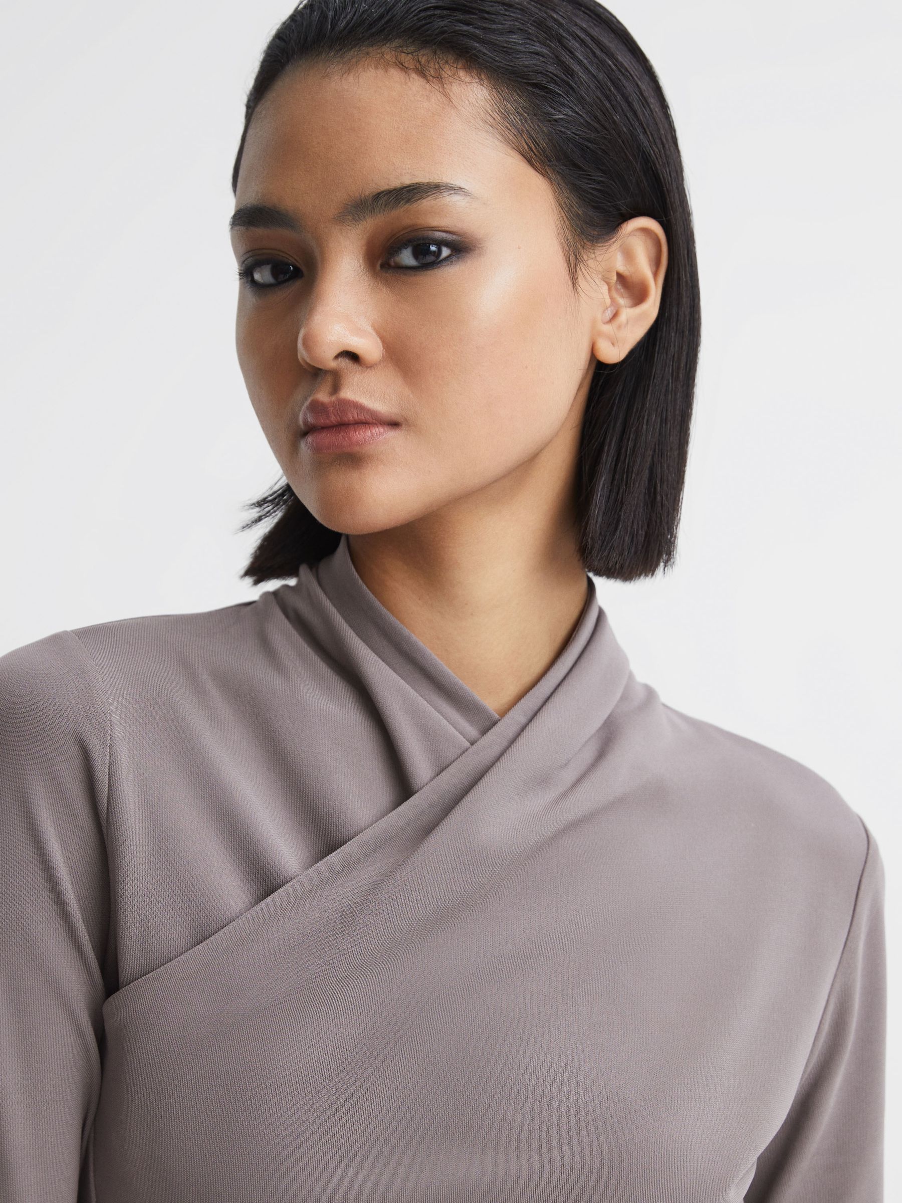 Long Sleeve Cross-Over Top in Mink - Image 4 of 5