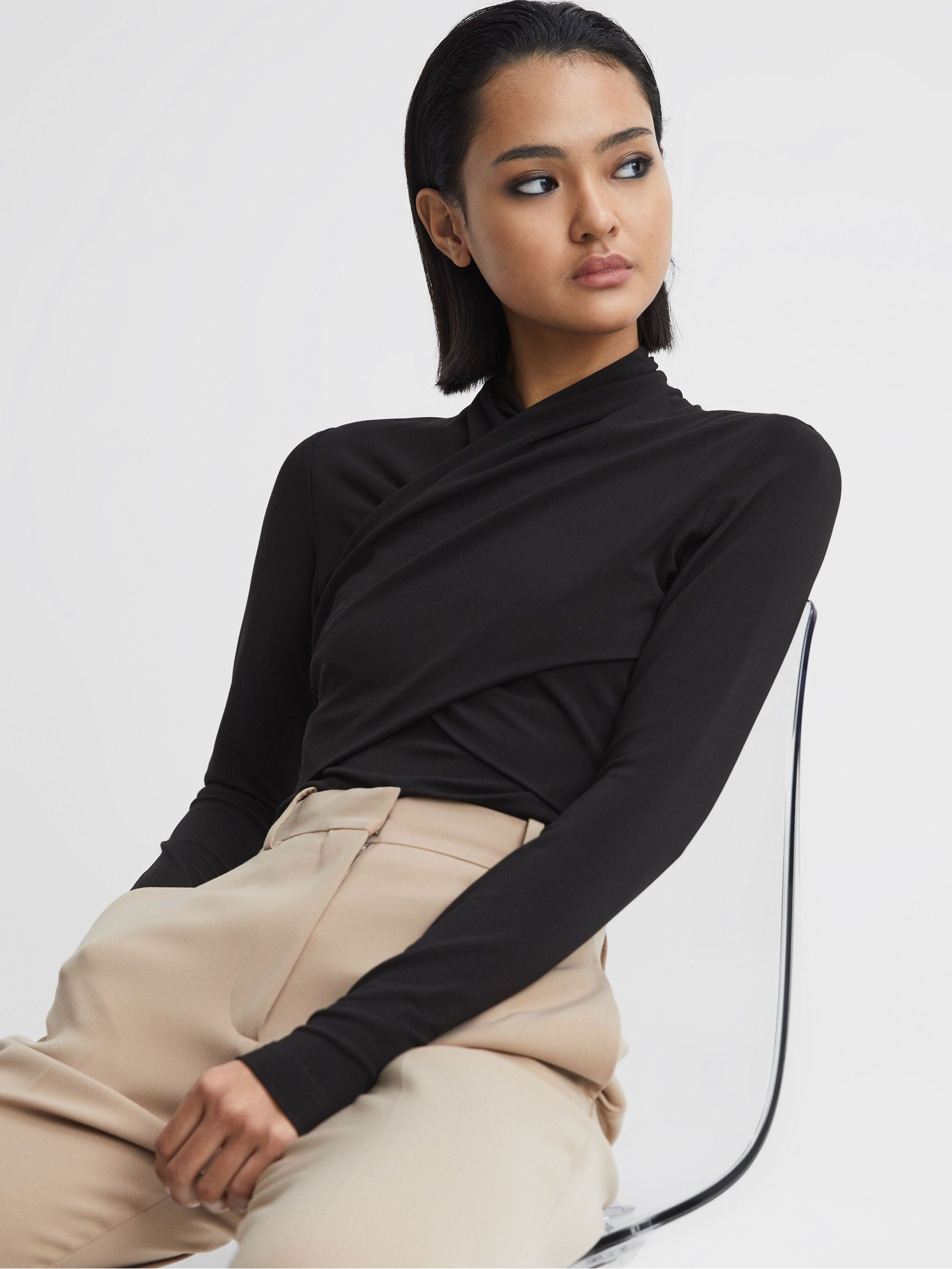 Long Sleeve Cross-Over Top in Black - Image 1 of 6