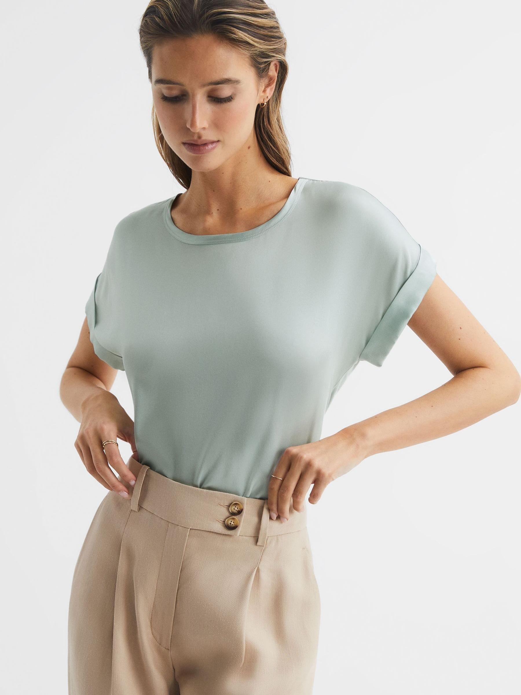 Silk Front Crew Neck T-Shirt in Mint - Image 1 of 6