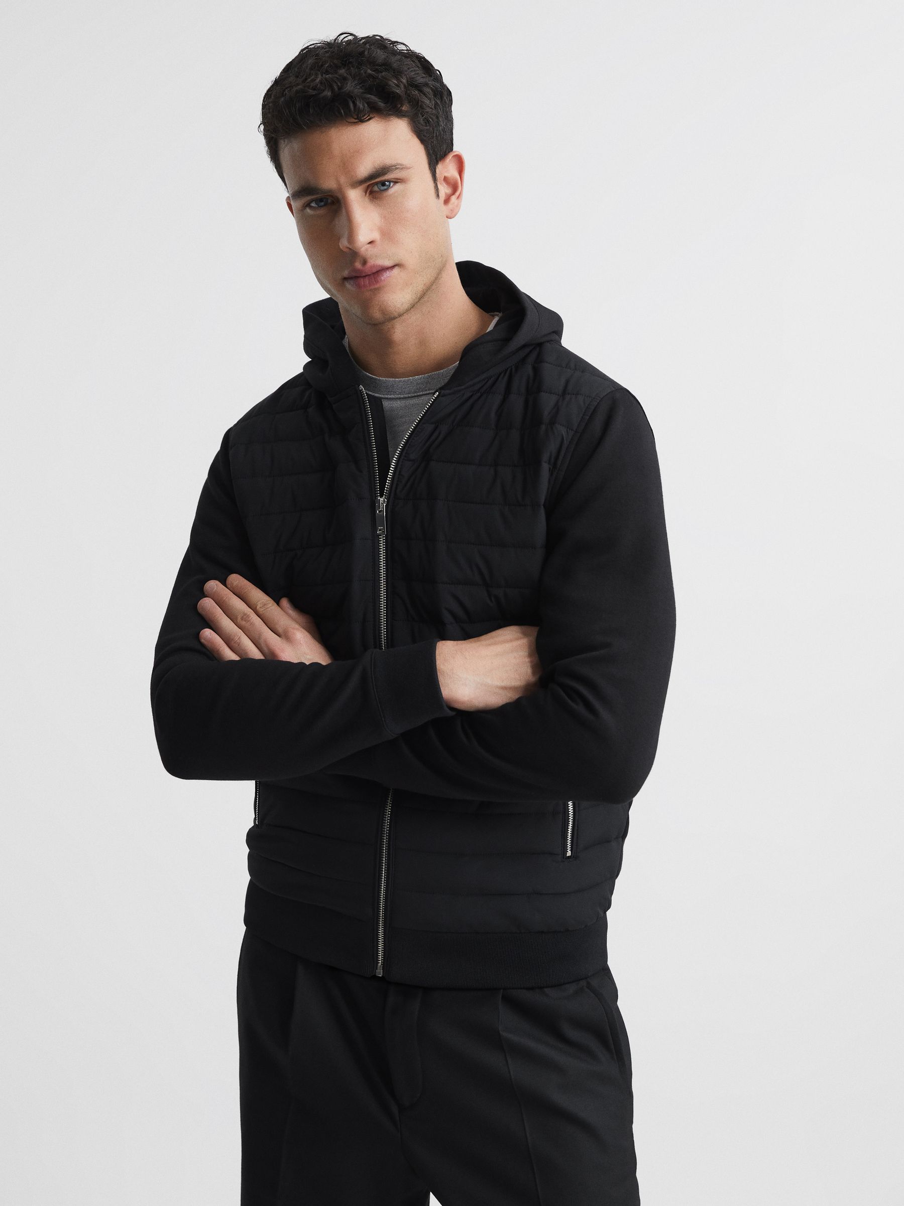 Hybrid Zip Quilted Hooded Jacket in Black - Image 1 of 5
