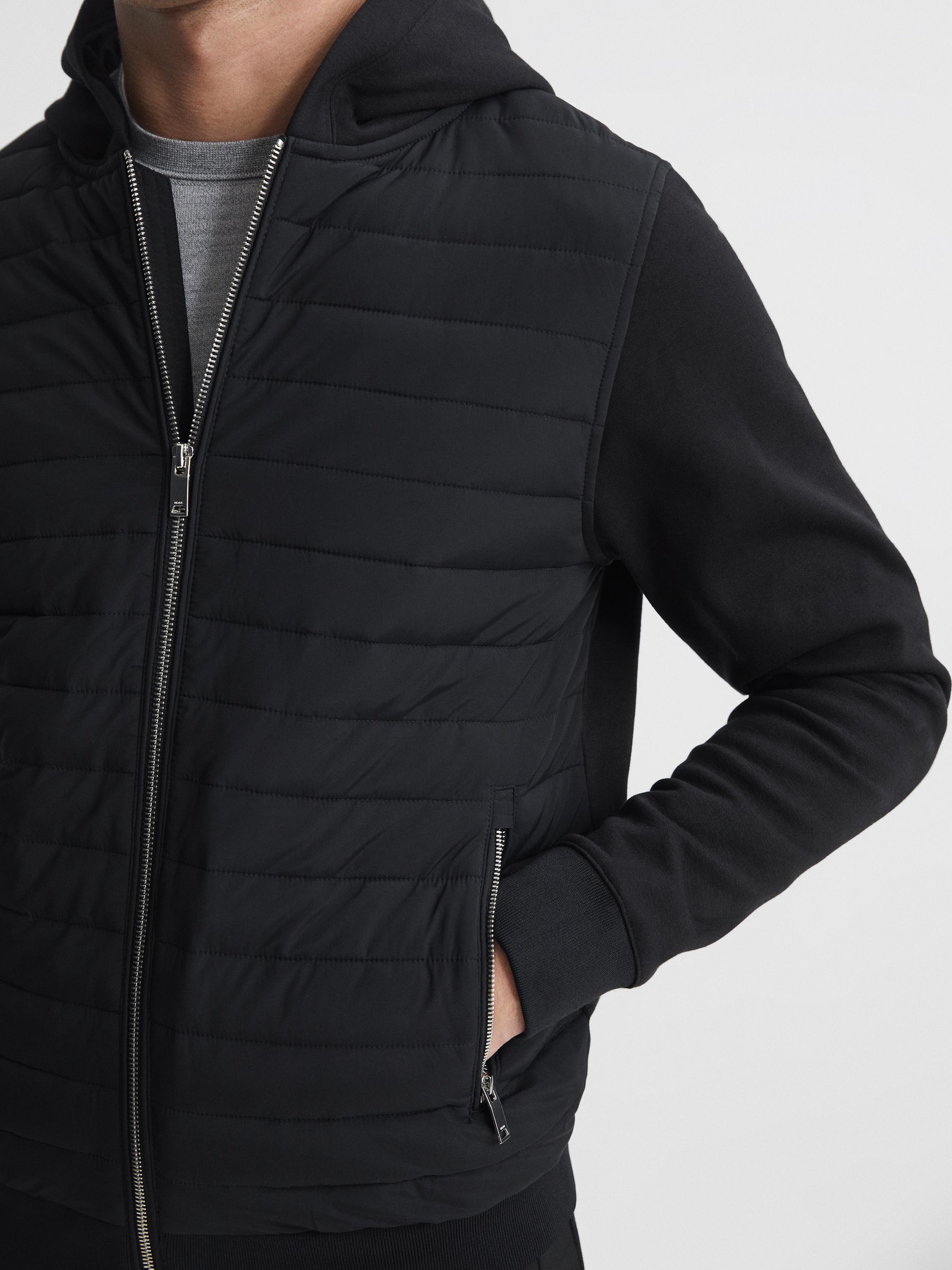 Hybrid Zip Quilted Hooded Jacket in Black - Image 4 of 5
