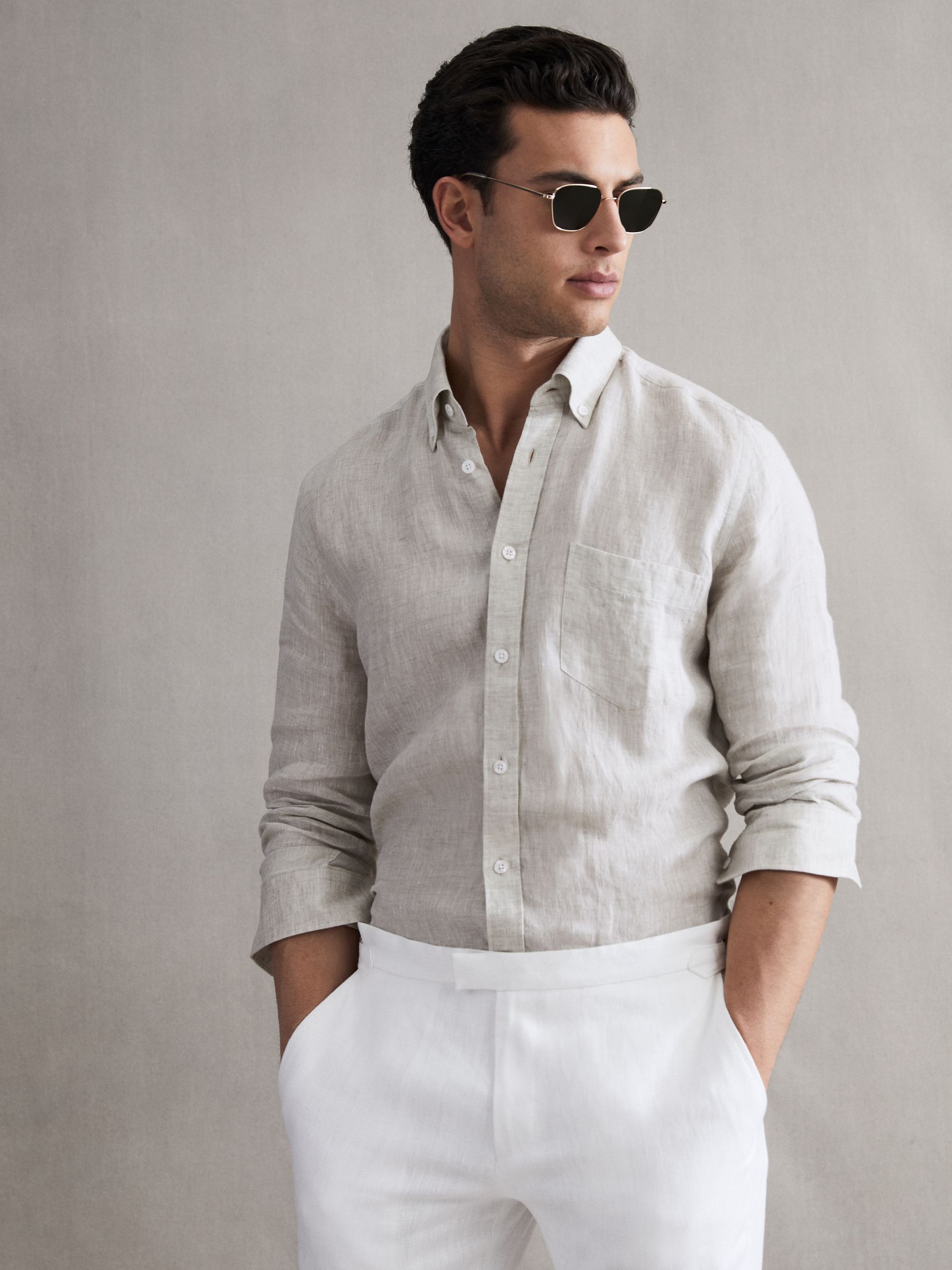Regular Fit Button Down Linen Shirt in Stone Melange - Image 1 of 6