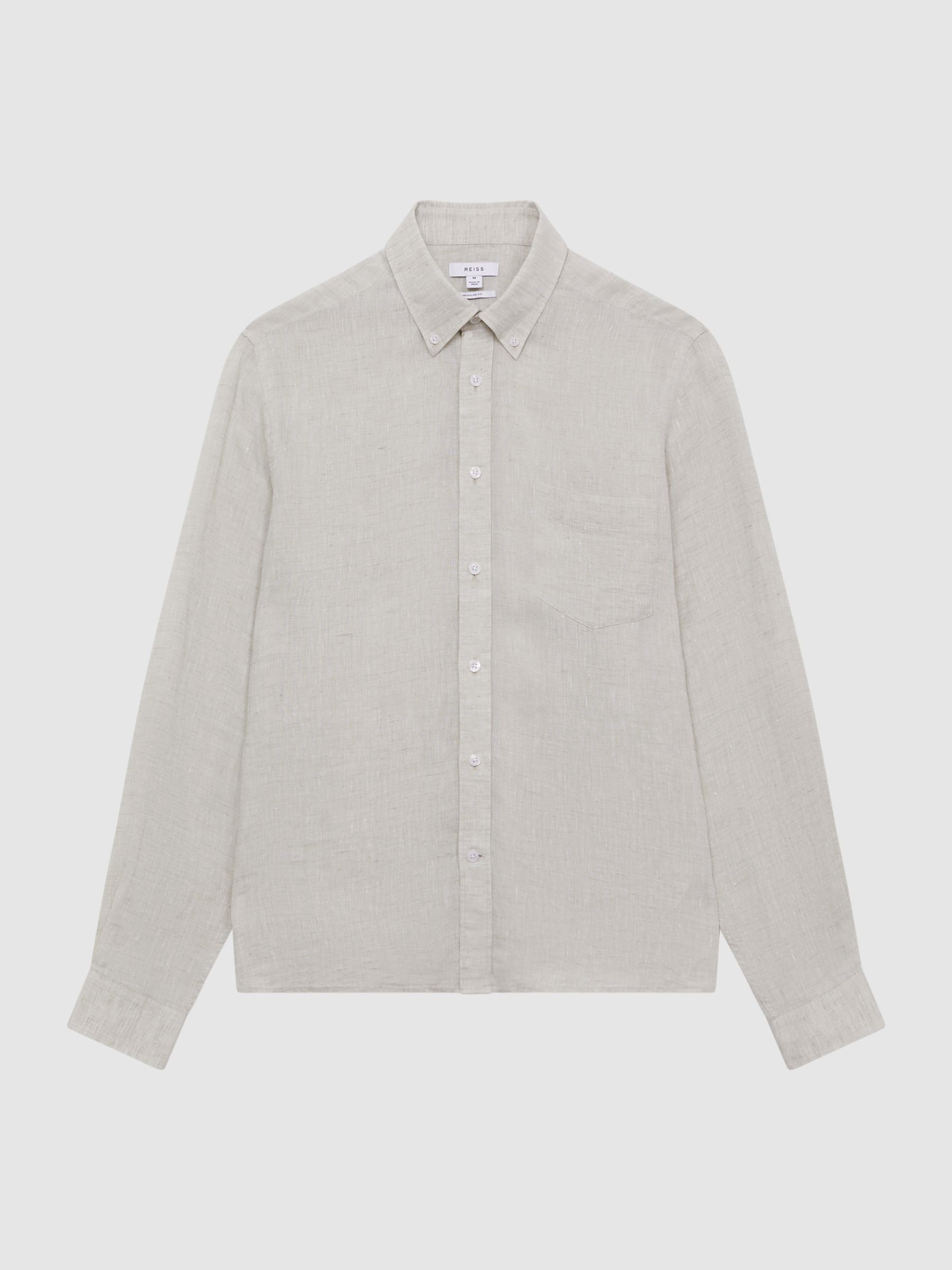 Regular Fit Button Down Linen Shirt in Stone Melange - Image 2 of 6