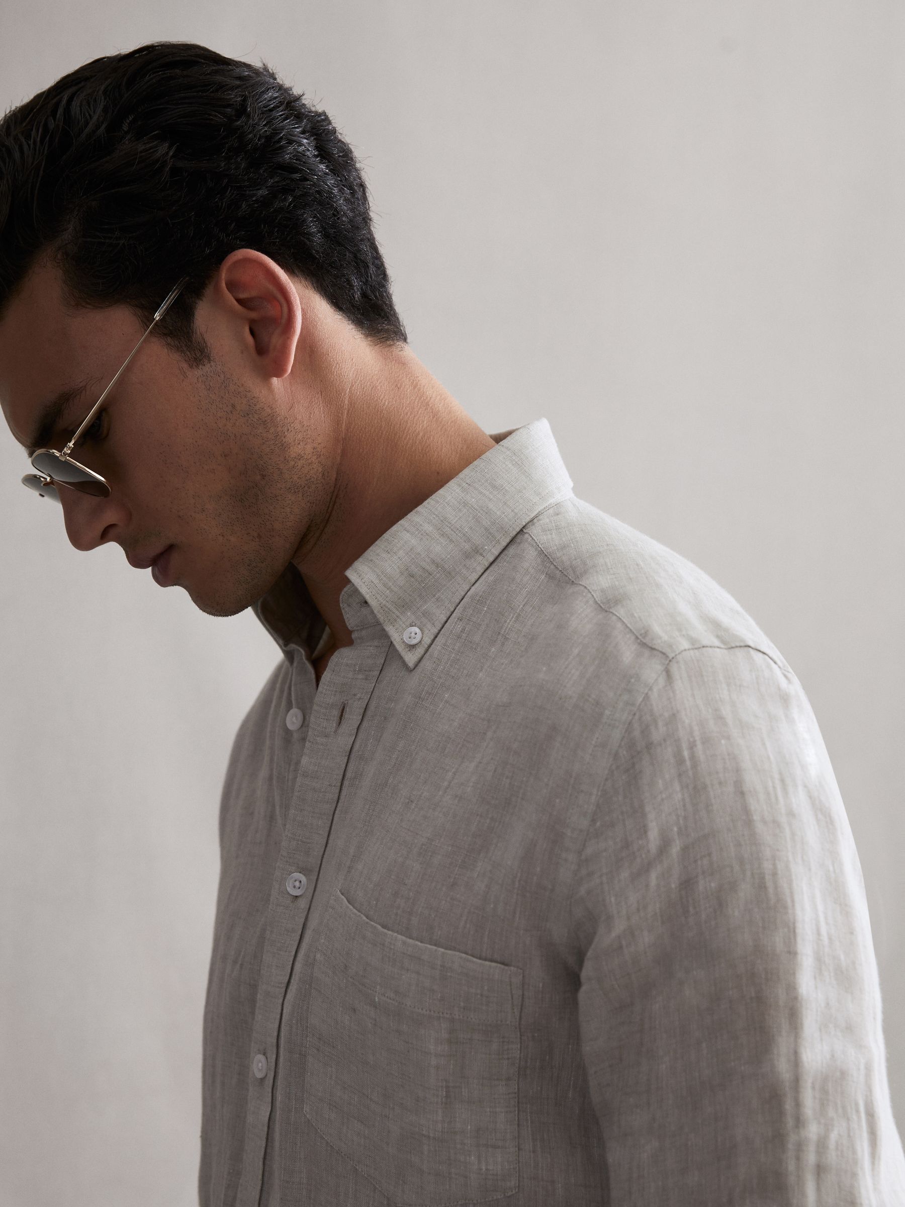 Regular Fit Button Down Linen Shirt in Stone Melange - Image 3 of 6