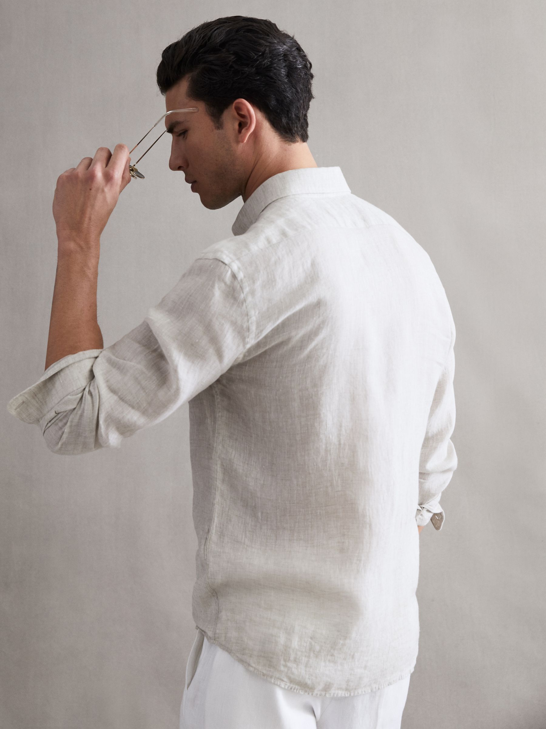 Regular Fit Button Down Linen Shirt in Stone Melange - Image 4 of 6