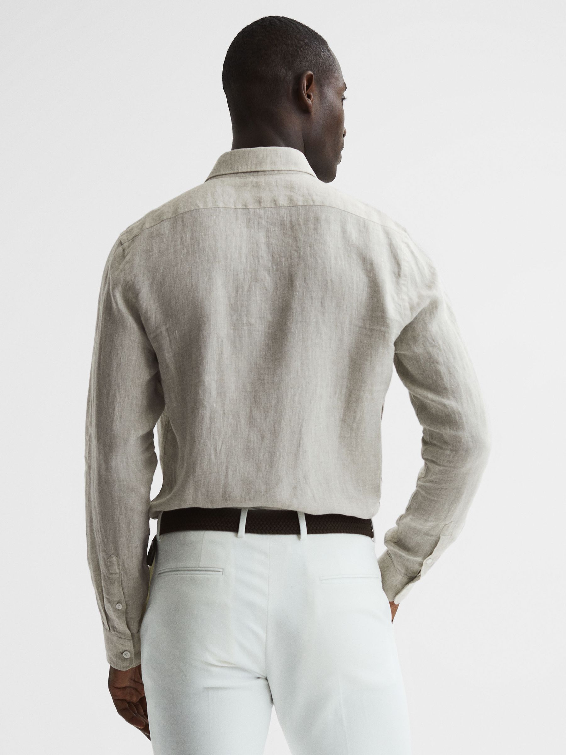 Regular Fit Button Down Linen Shirt in Stone Melange - Image 5 of 6