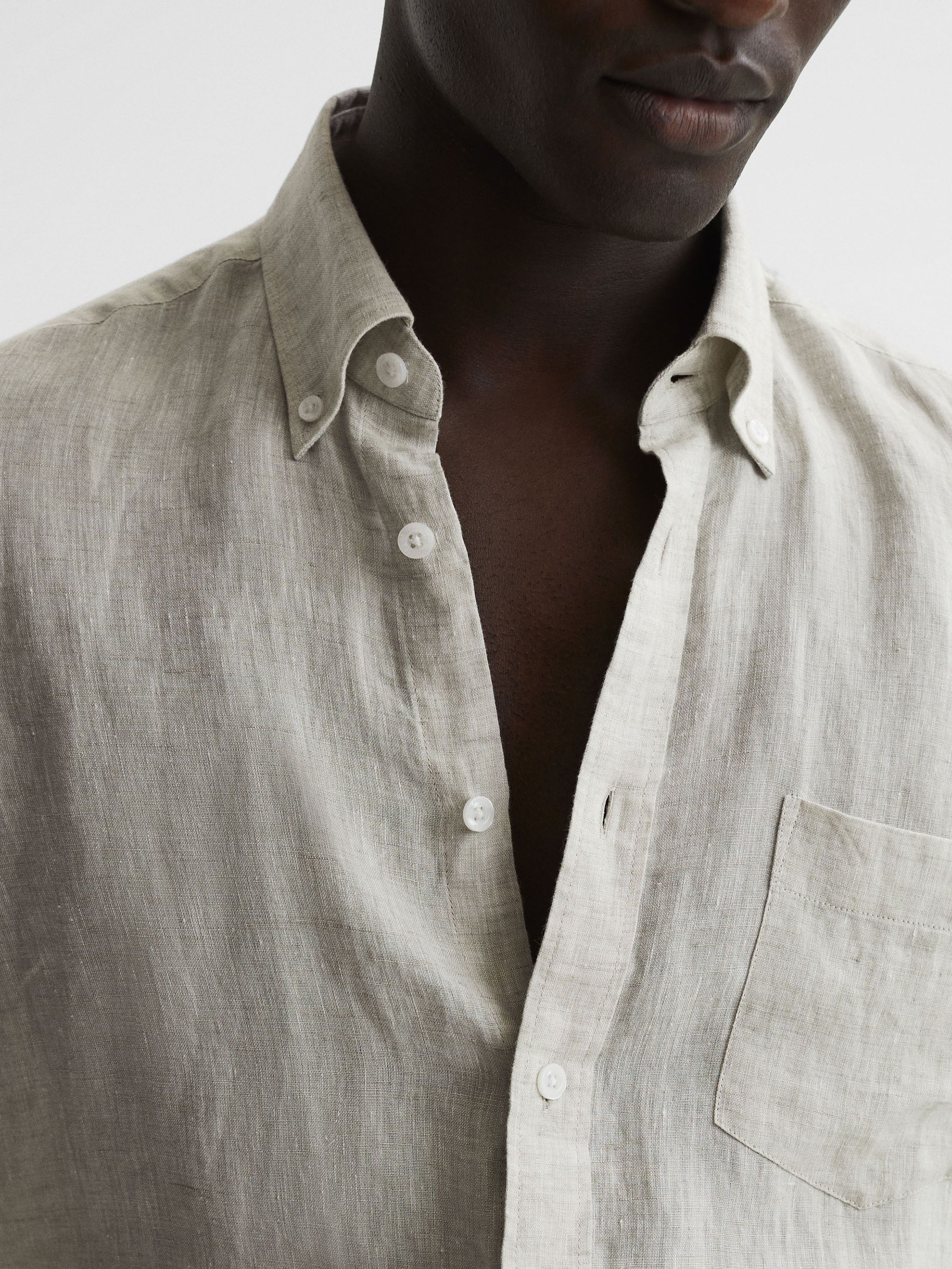 Regular Fit Button Down Linen Shirt in Stone Melange - Image 6 of 6