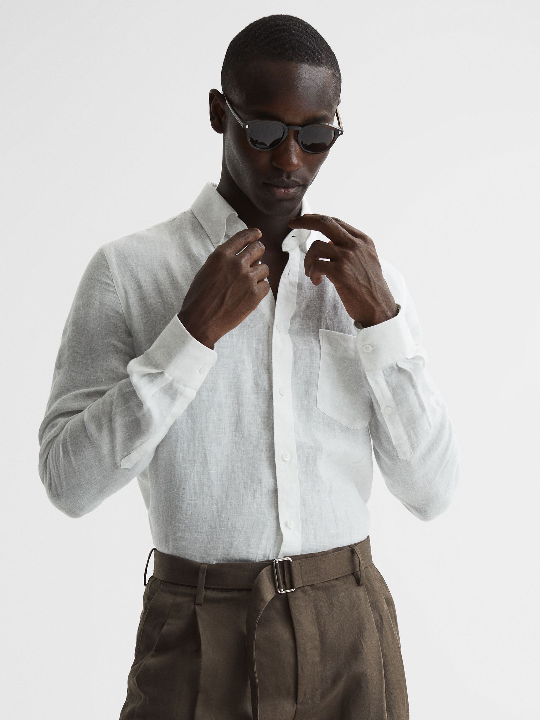 Regular Fit Button Down Linen Shirt in White - Image 1 of 7