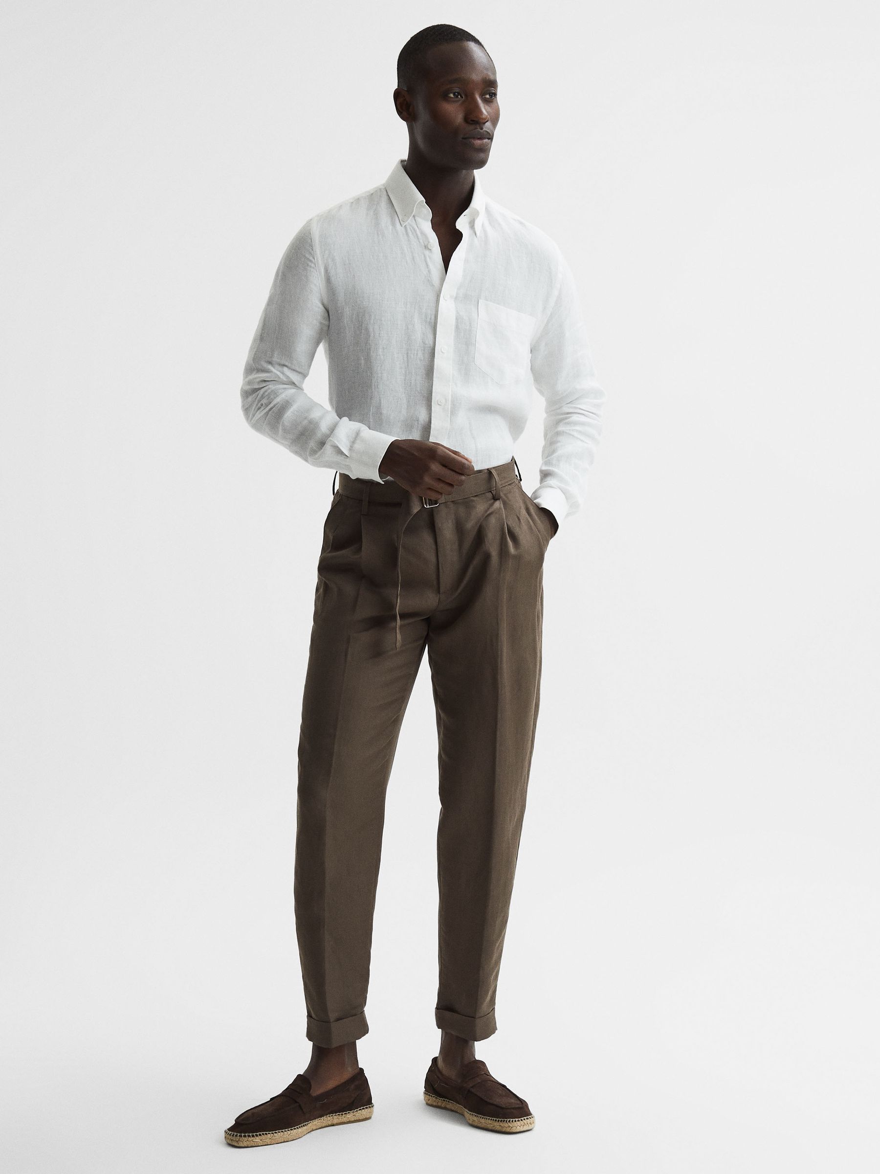 Regular Fit Button Down Linen Shirt in White - Image 3 of 7