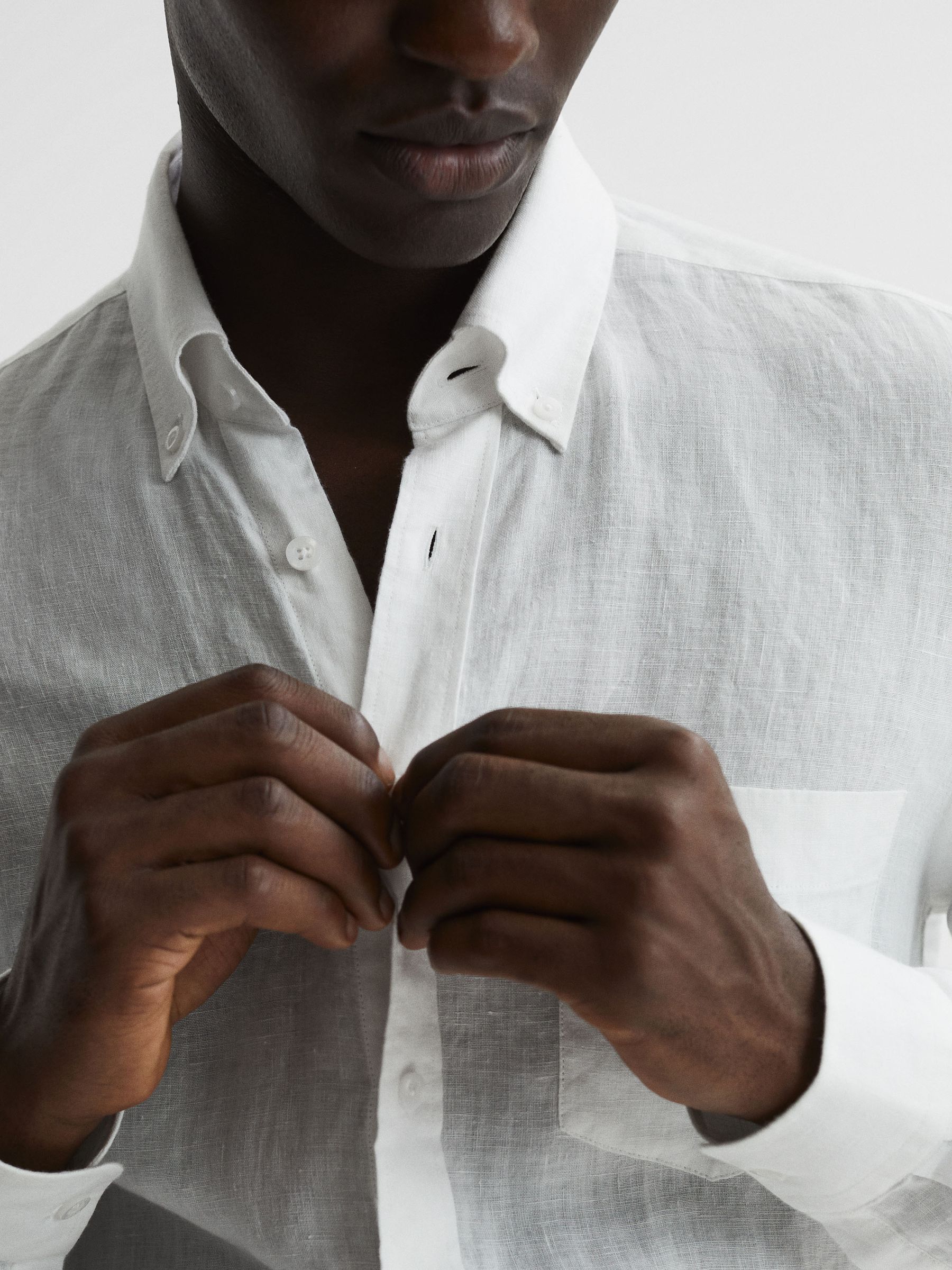 Regular Fit Button Down Linen Shirt in White - Image 7 of 7
