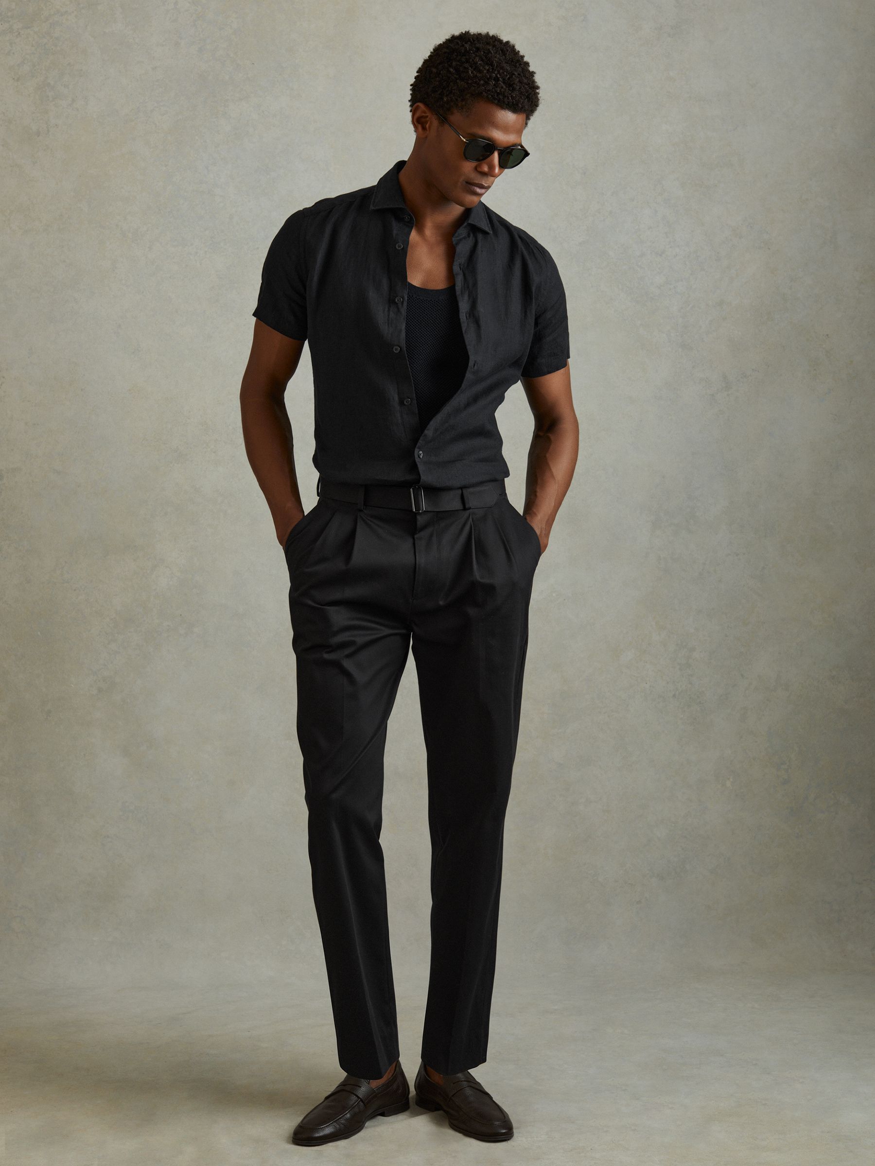 Slim Fit Linen Shirt in Black - Image 3 of 5
