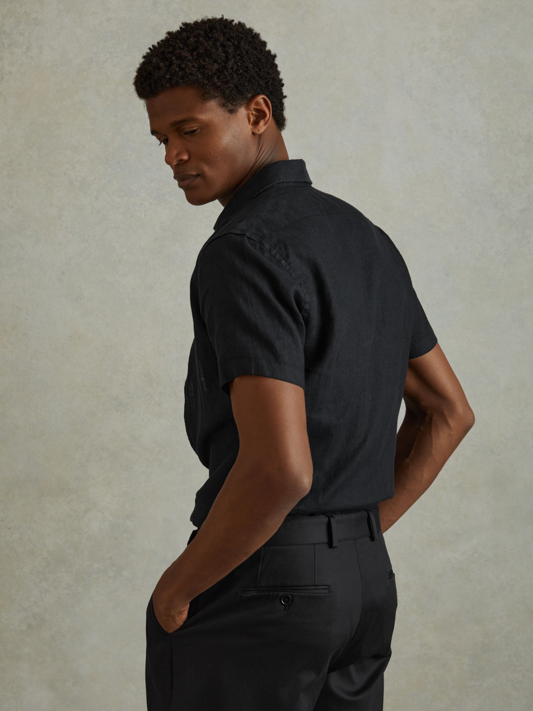 Slim Fit Linen Shirt in Black - Image 4 of 5