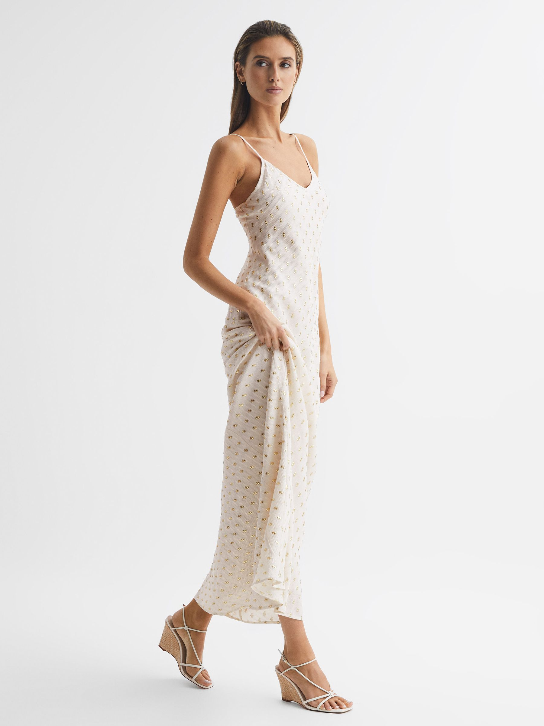 reiss metallic dress Reiss Metallic Maxi Dress in White/Gold