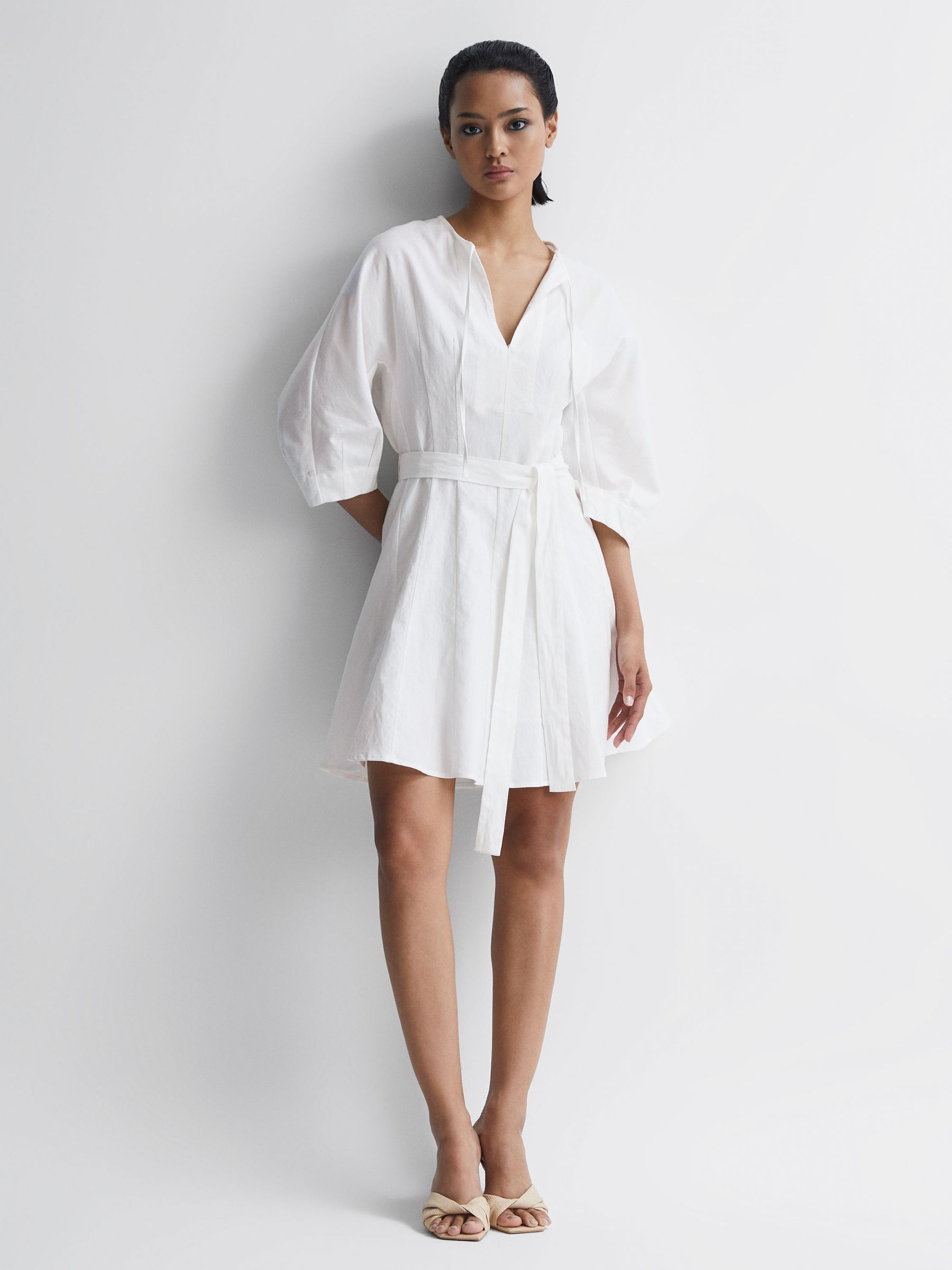Relaxed Fit Self-Tie Mini Dress With Linen in Cream - Image 1 of 6