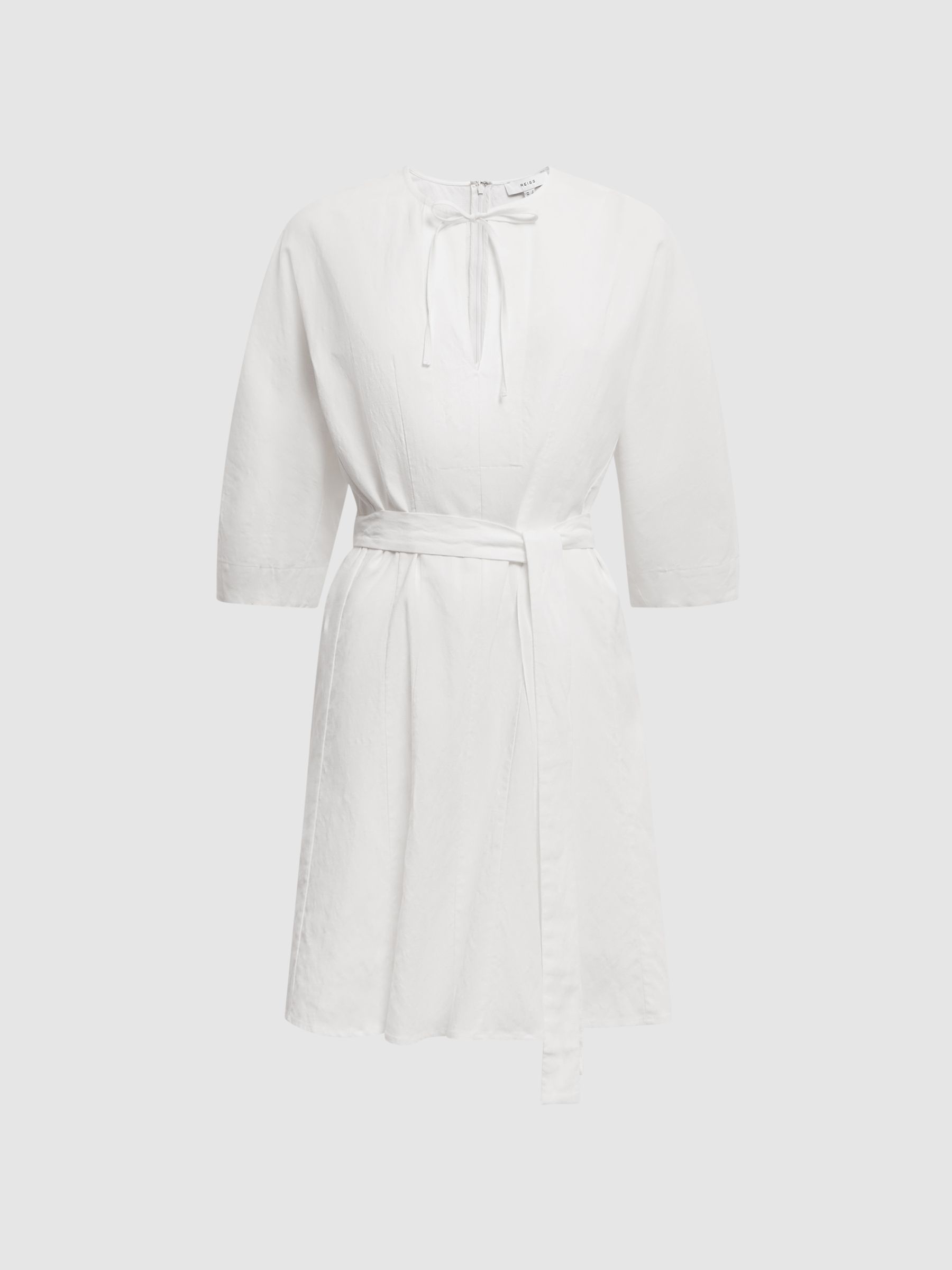 Relaxed Fit Self-Tie Mini Dress With Linen in Cream - Image 2 of 6