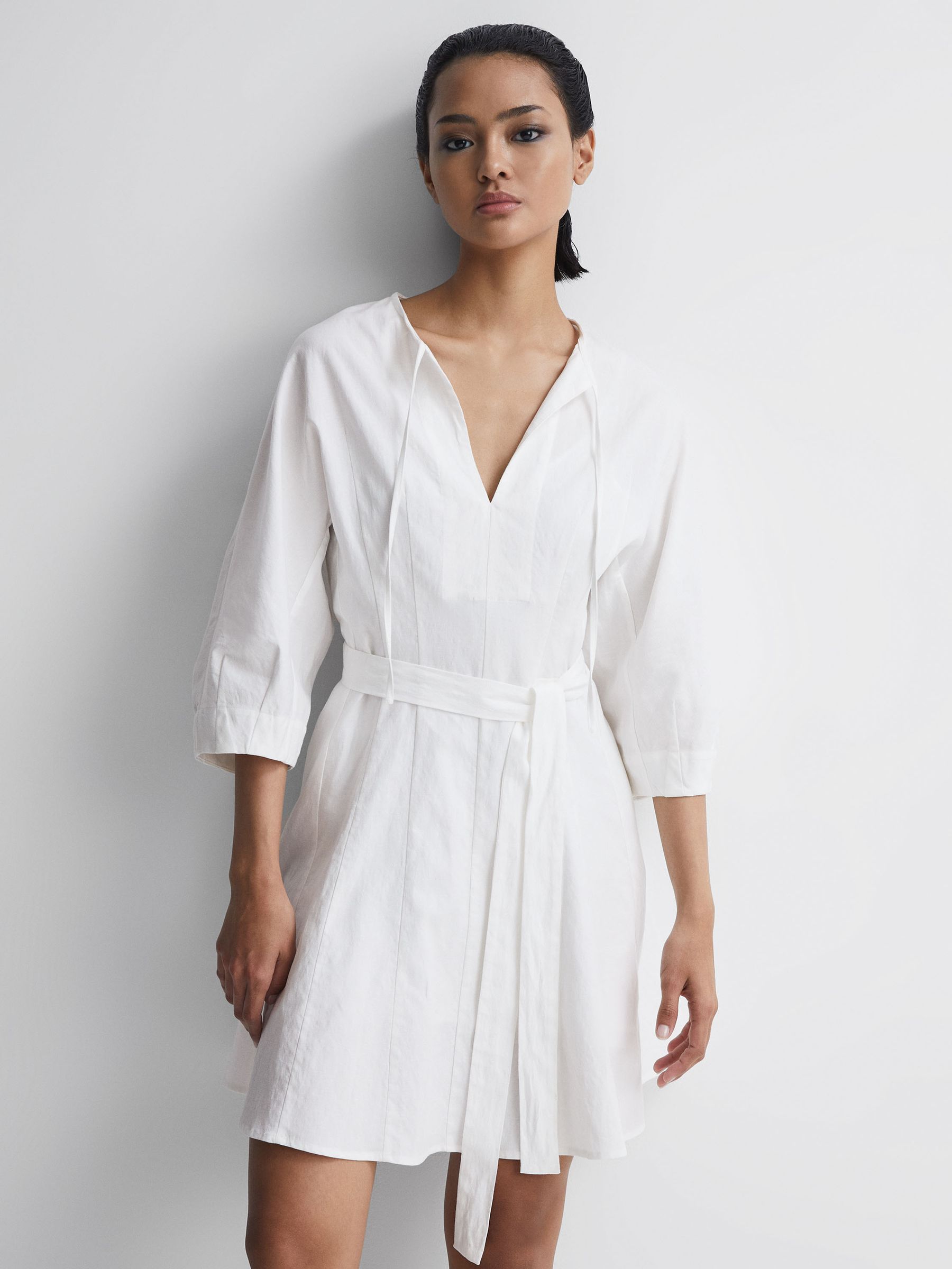 Relaxed Fit Self-Tie Mini Dress With Linen in Cream - Image 6 of 6