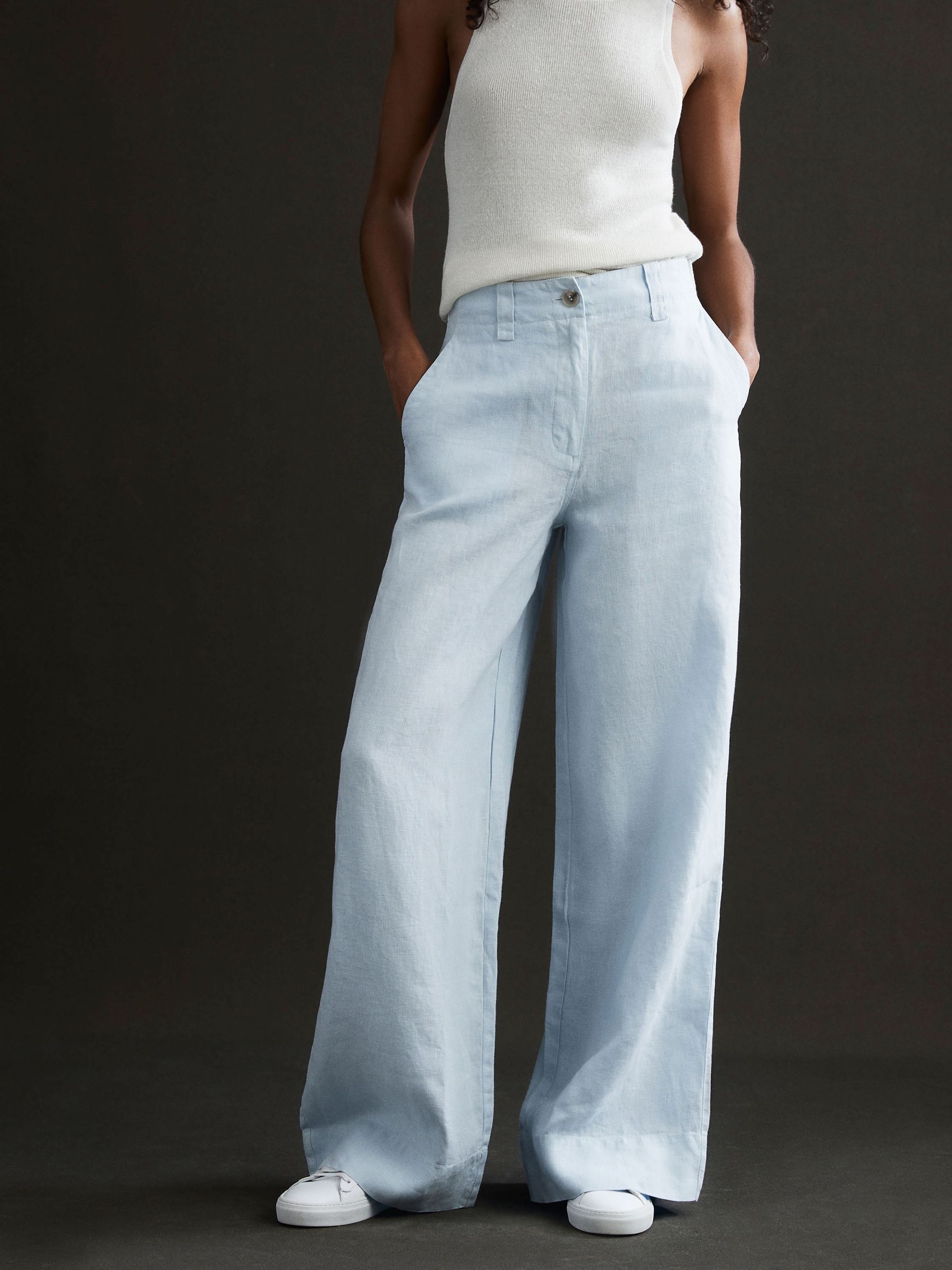 Linen Wide Leg Garment Dyed Trousers in Ice Blue - Image 1 of 5