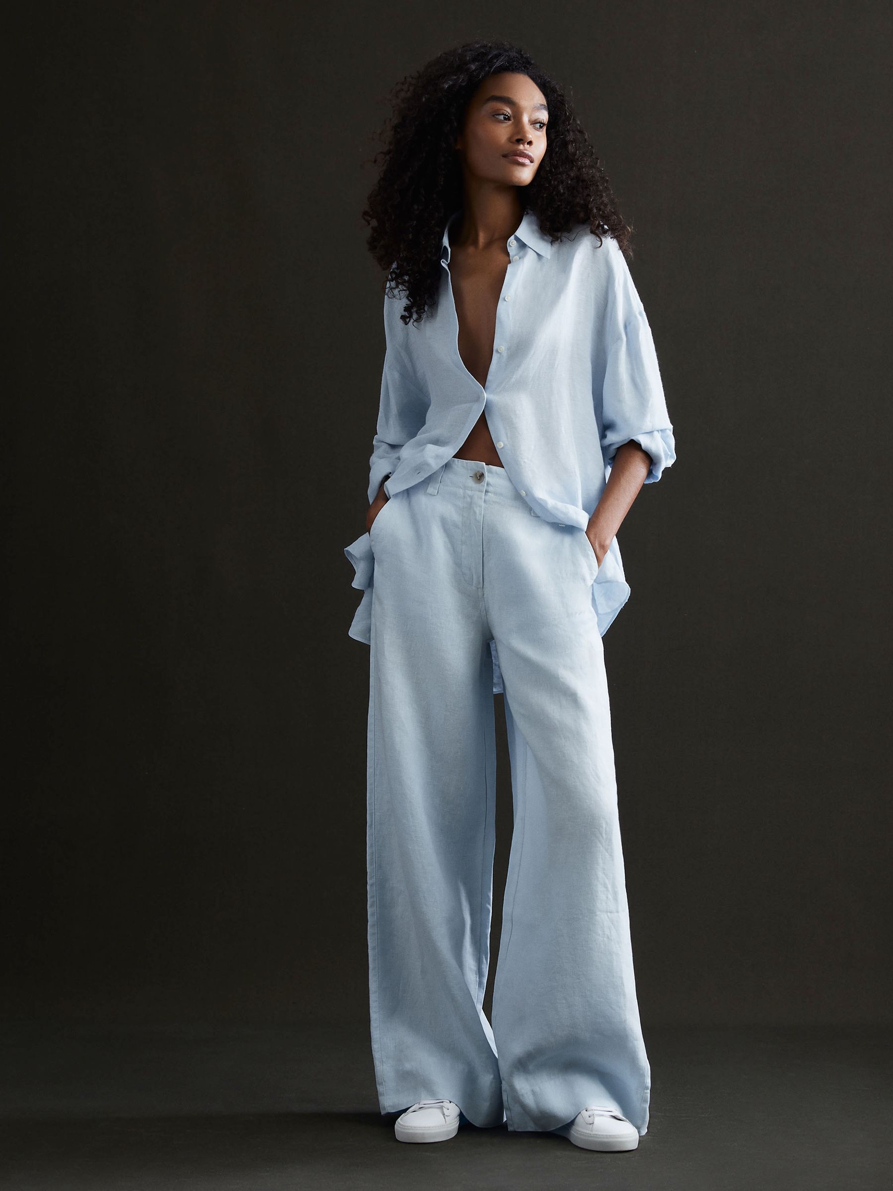 Linen Wide Leg Garment Dyed Trousers in Ice Blue - Image 3 of 5