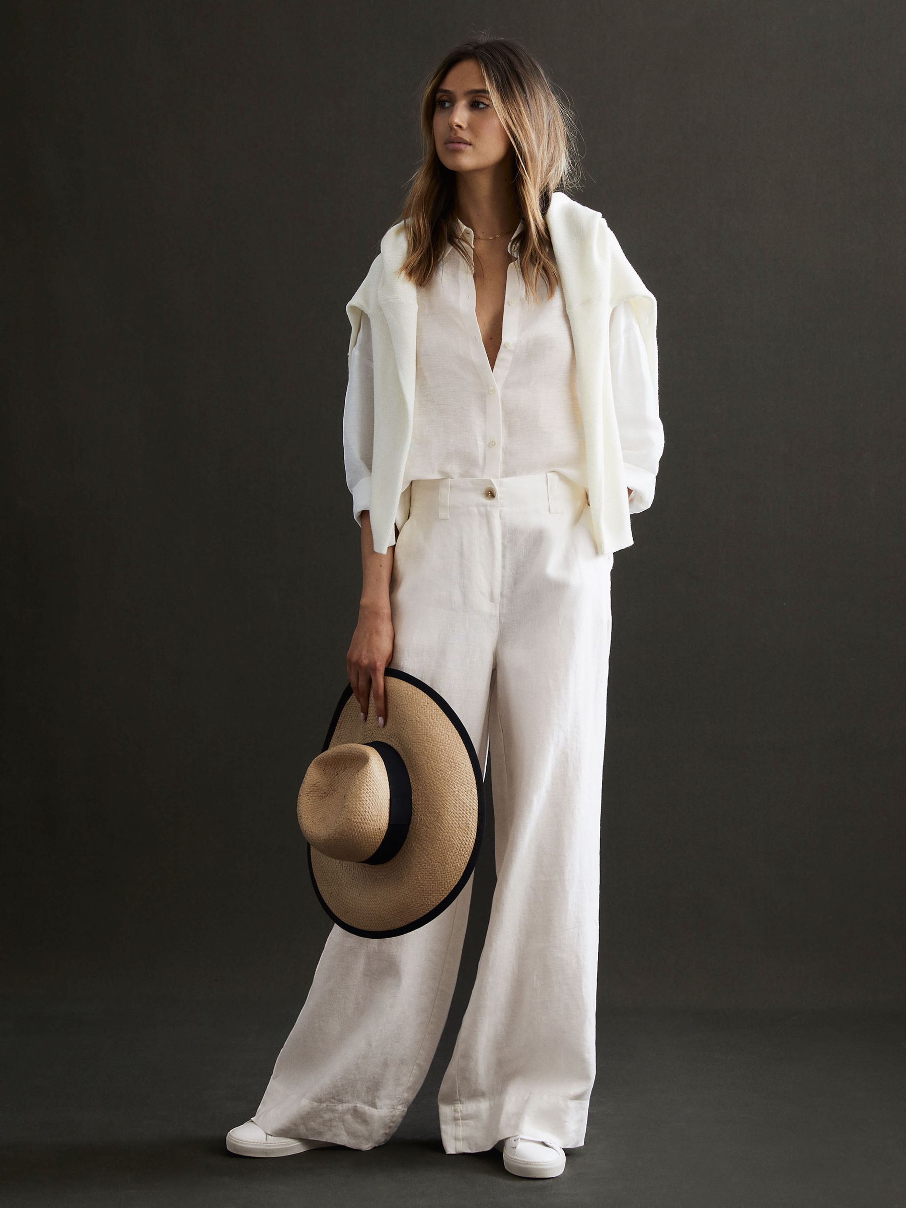 Linen Wide Leg Garment Dyed Trousers in White - Image 1 of 5