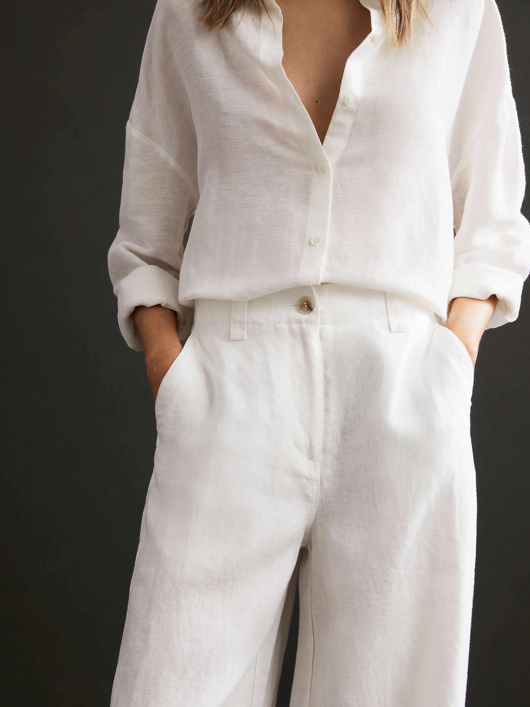 Linen Wide Leg Garment Dyed Trousers in White - Image 4 of 5