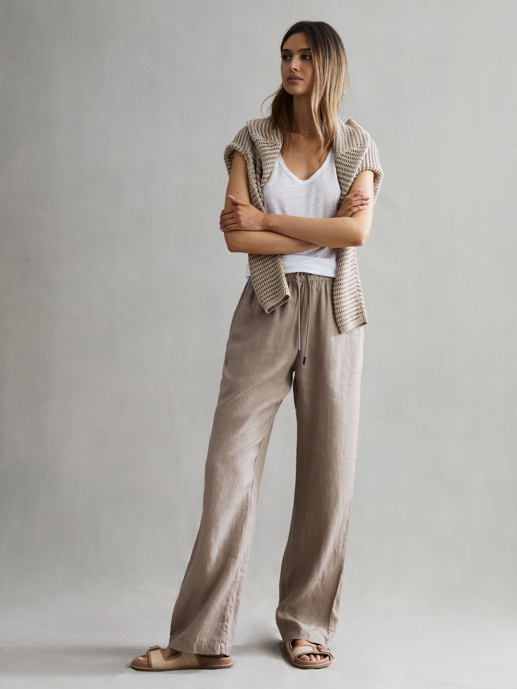 Linen Wide Leg Drawstring Trousers in Mink - Image 1 of 4 Linen Wide Leg Drawstring Trousers in Mink - Image 1 of 4