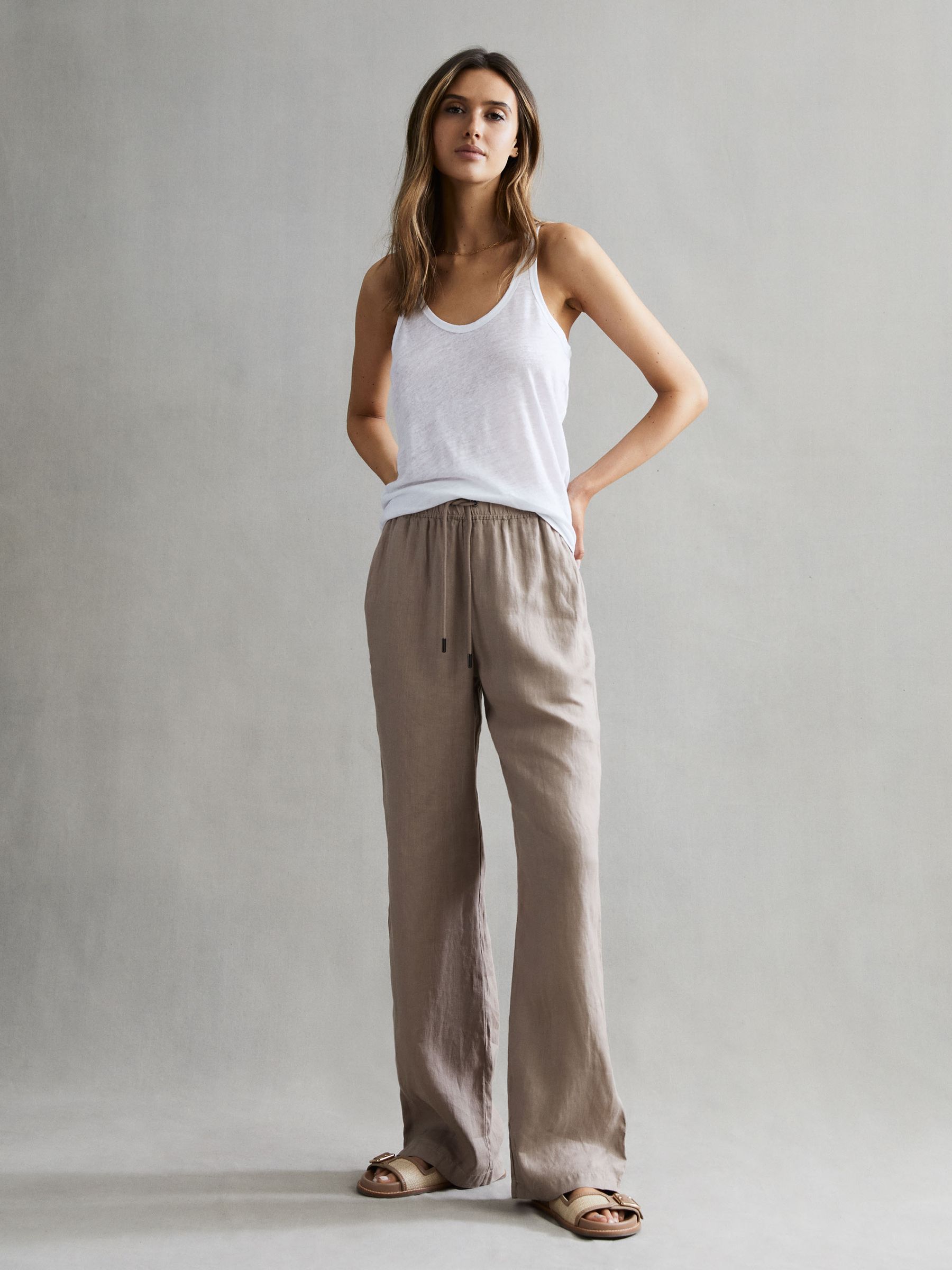 Linen Wide Leg Drawstring Trousers in Mink - Image 4 of 4