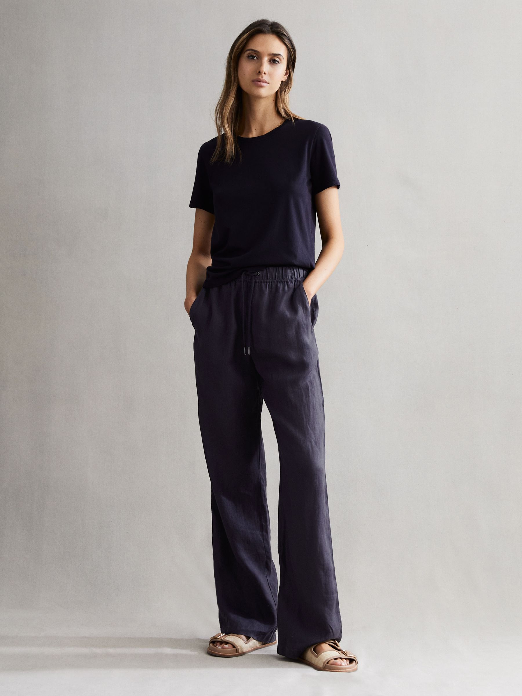 Linen Wide Leg Drawstring Trousers in Navy - Image 1 of 5