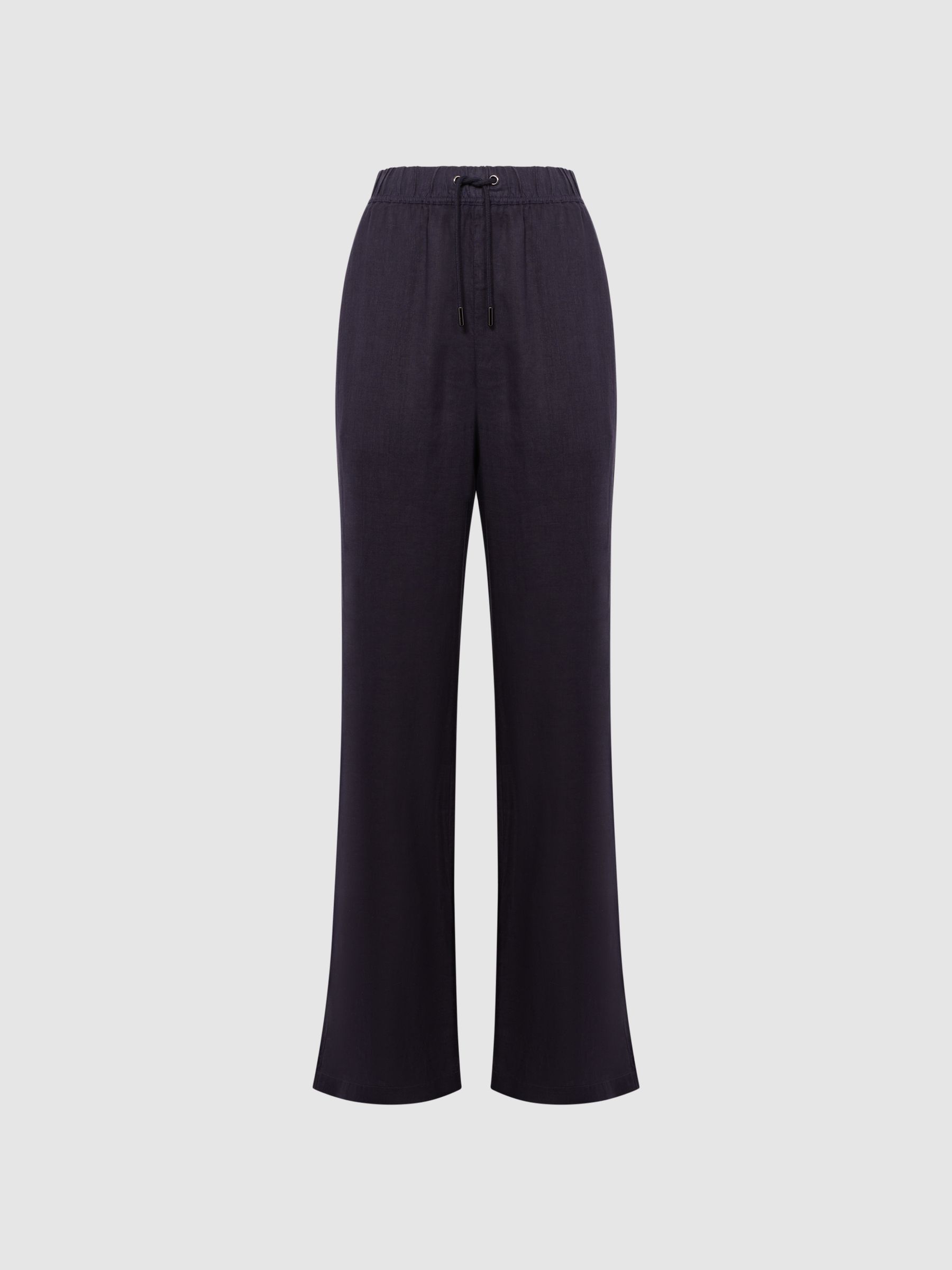 Linen Wide Leg Drawstring Trousers in Navy - Image 2 of 5