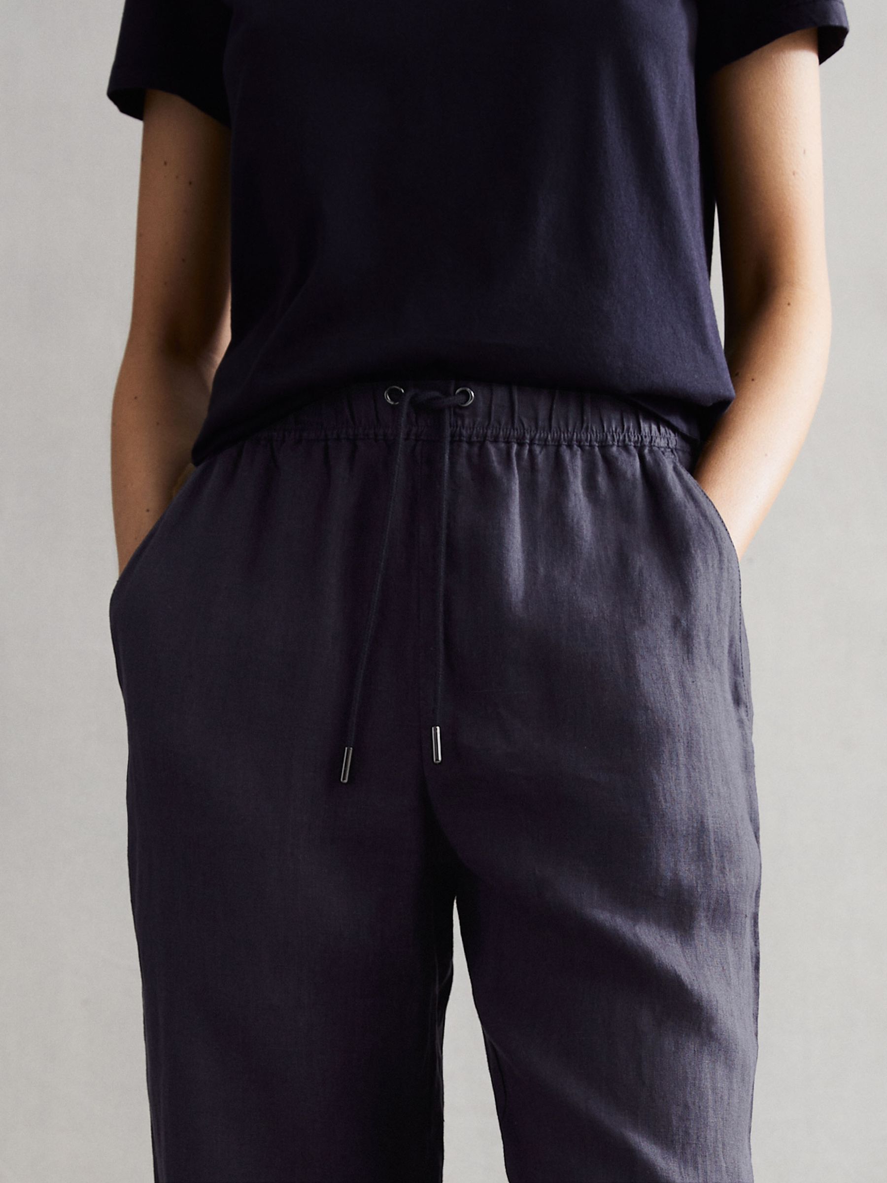 Linen Wide Leg Drawstring Trousers in Navy - Image 3 of 5