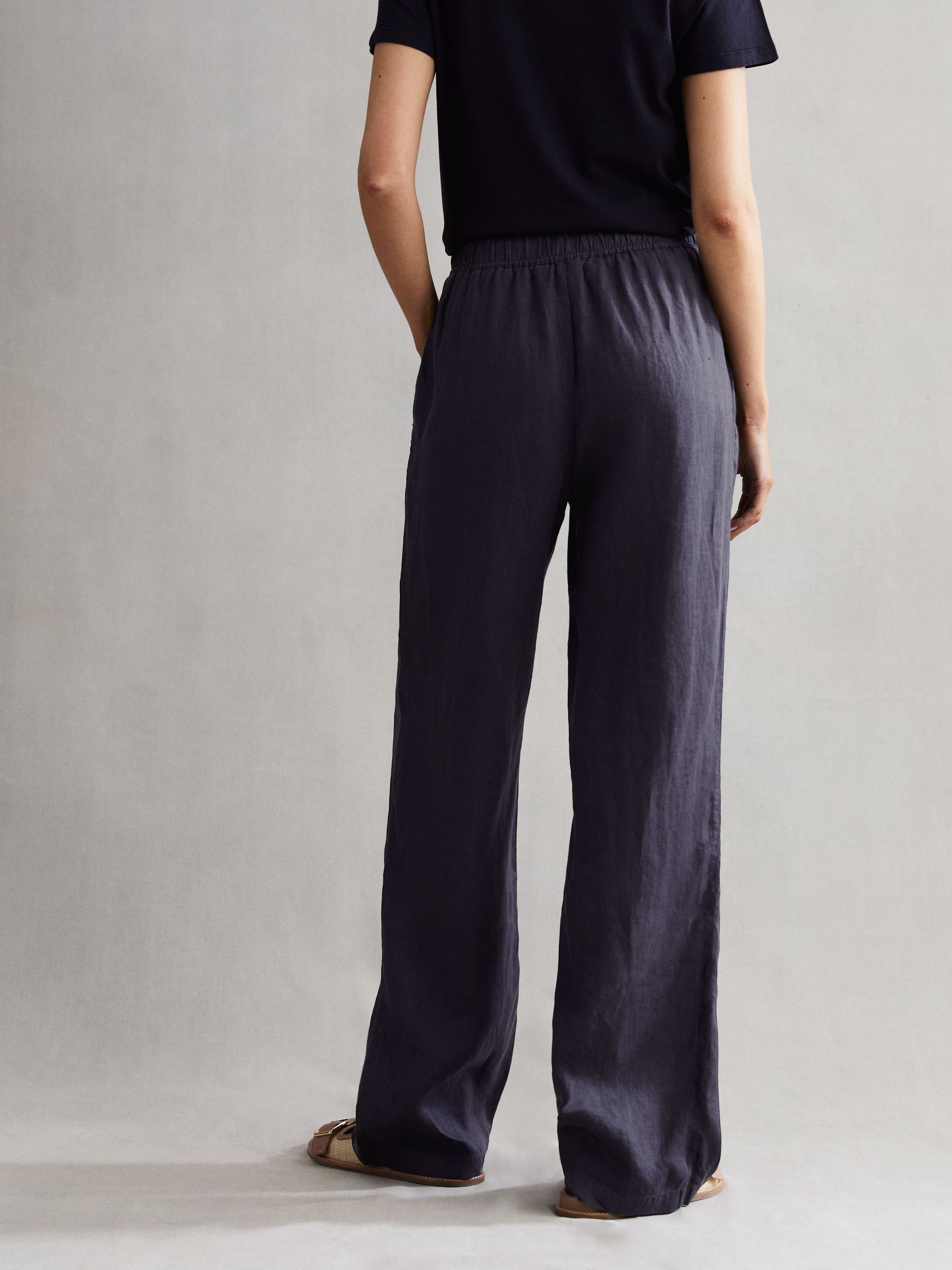 Linen Wide Leg Drawstring Trousers in Navy - Image 4 of 5