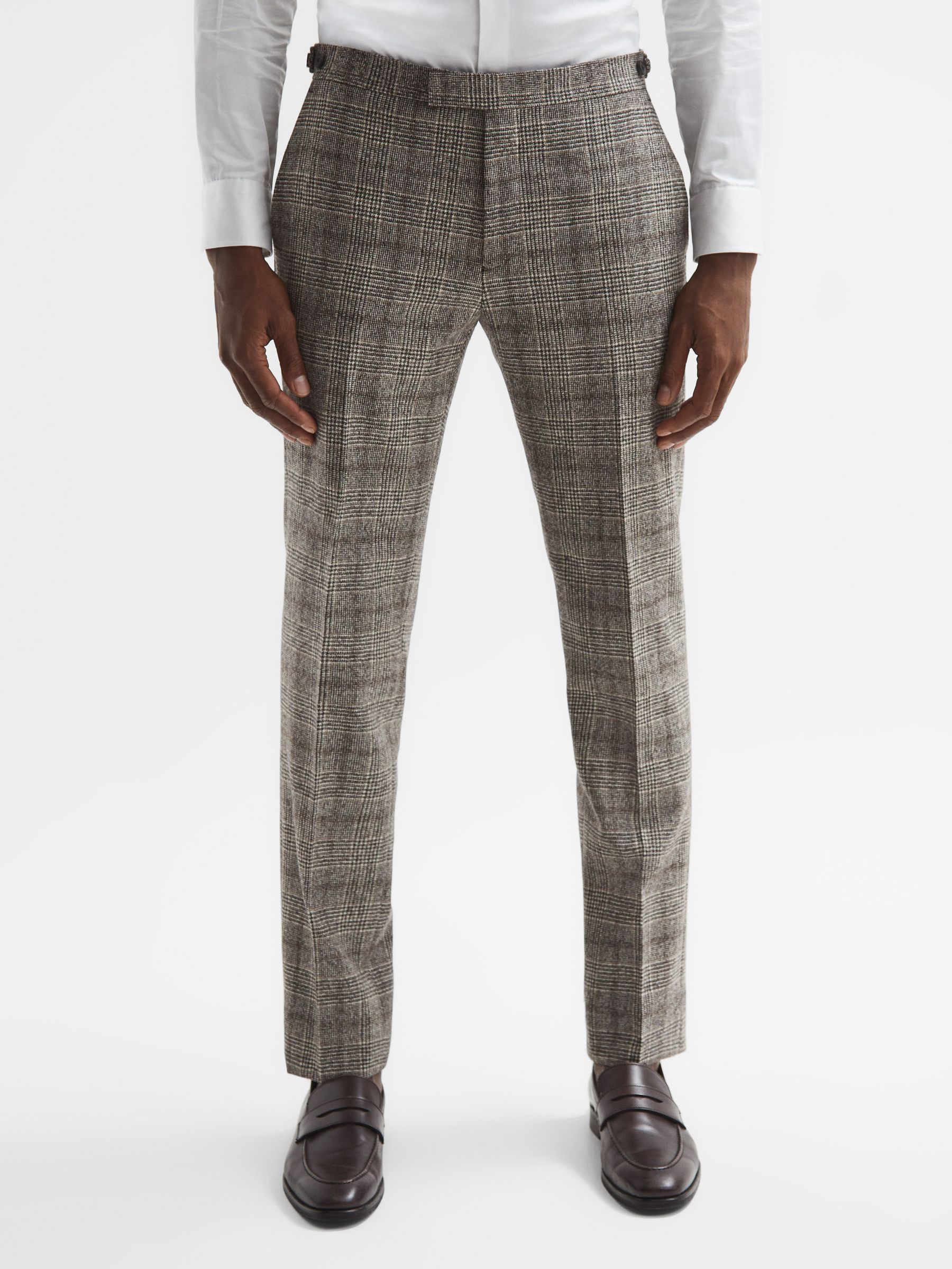 Slim Fit Prince Of Wales Check Trousers in Brown - Image 1 of 6