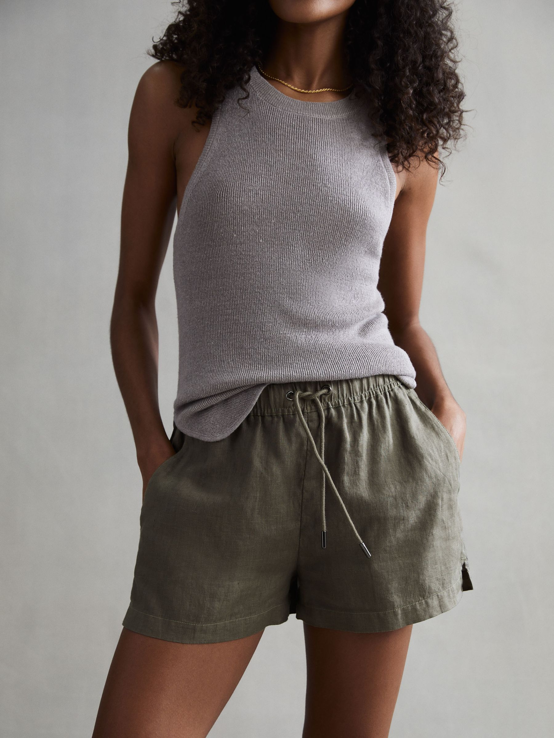 Linen Drawstring Shorts in Khaki - Image 1 of 5 Linen Drawstring Shorts in Khaki - Image 1 of 5