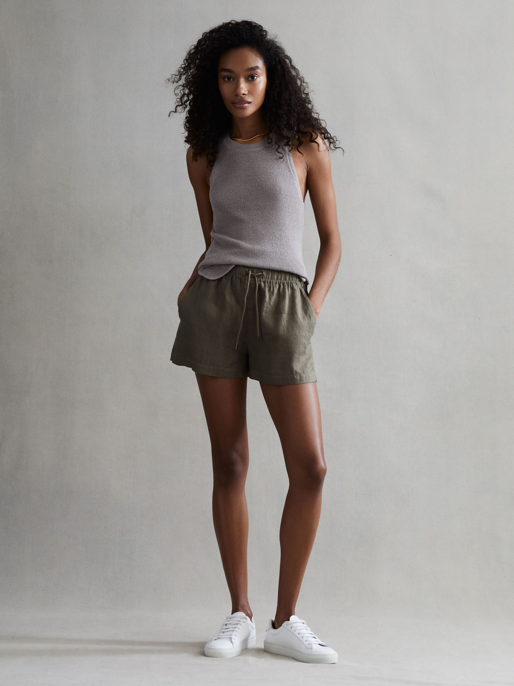 Linen Drawstring Shorts in Khaki - Image 3 of 5