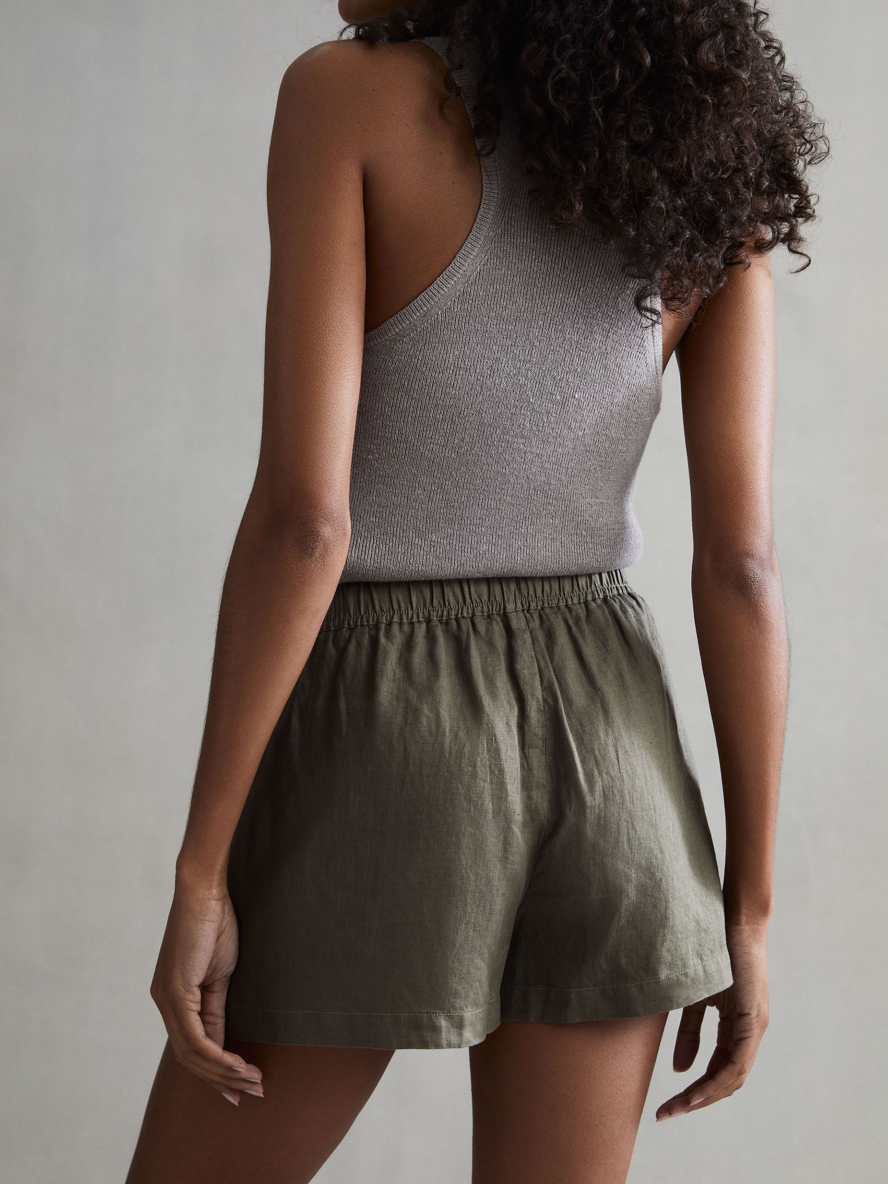 Linen Drawstring Shorts in Khaki - Image 4 of 5