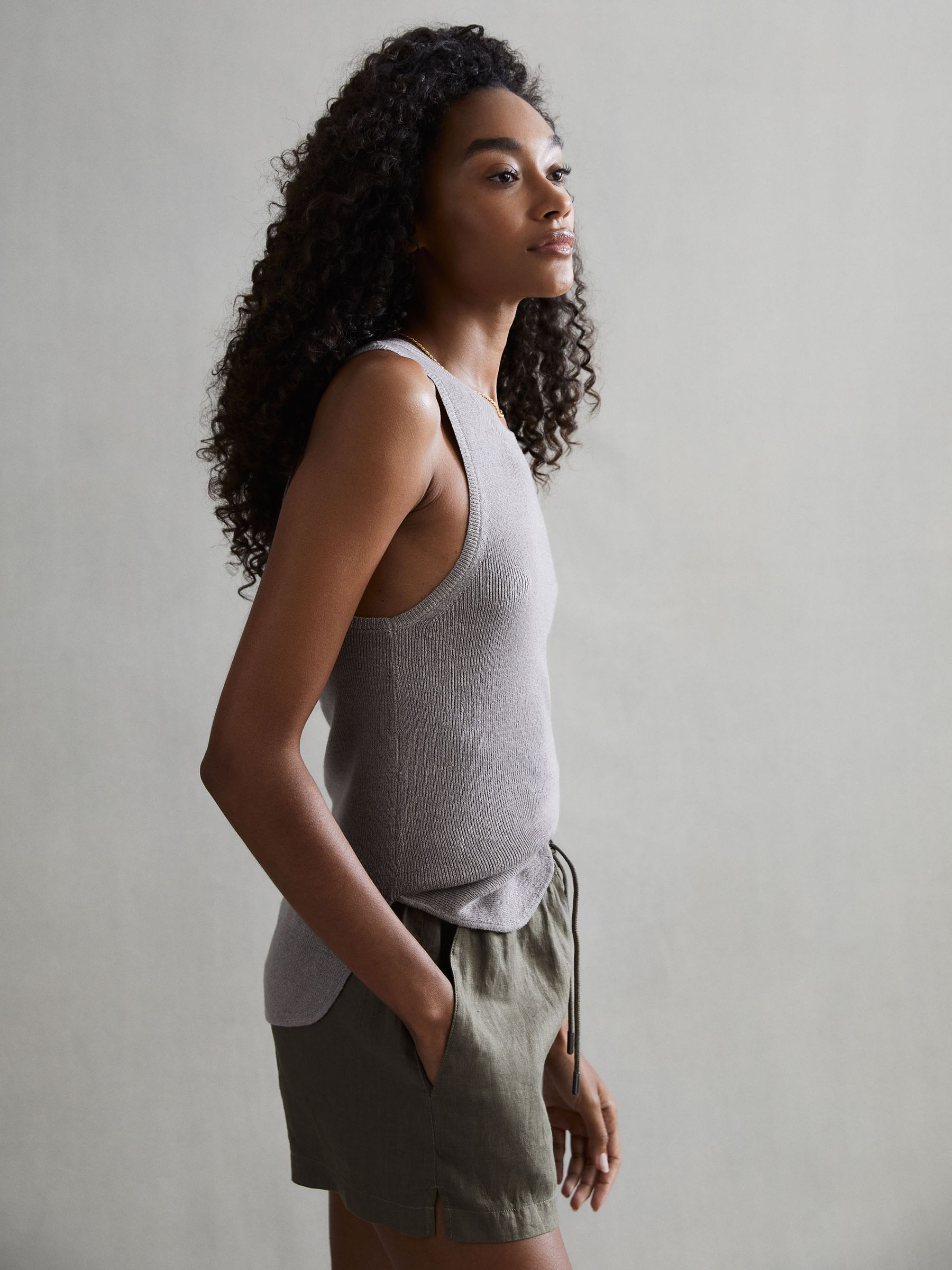 Linen Drawstring Shorts in Khaki - Image 5 of 5