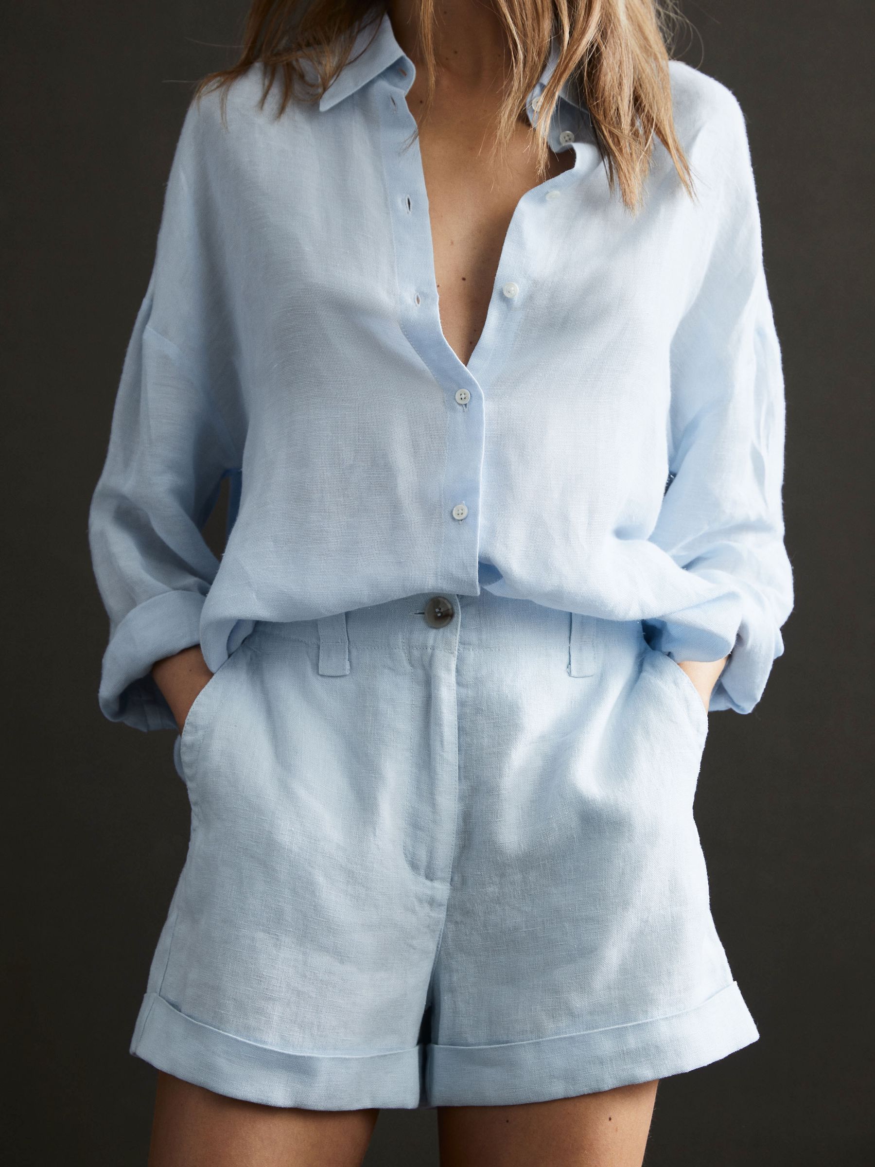 Linen High Rise Garment Dyed Shorts in Ice Blue - Image 1 of 5