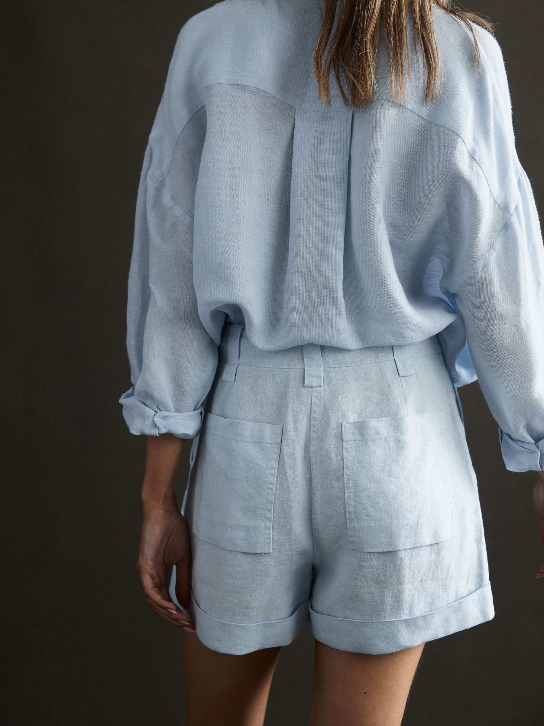 Linen High Rise Garment Dyed Shorts in Ice Blue - Image 4 of 5
