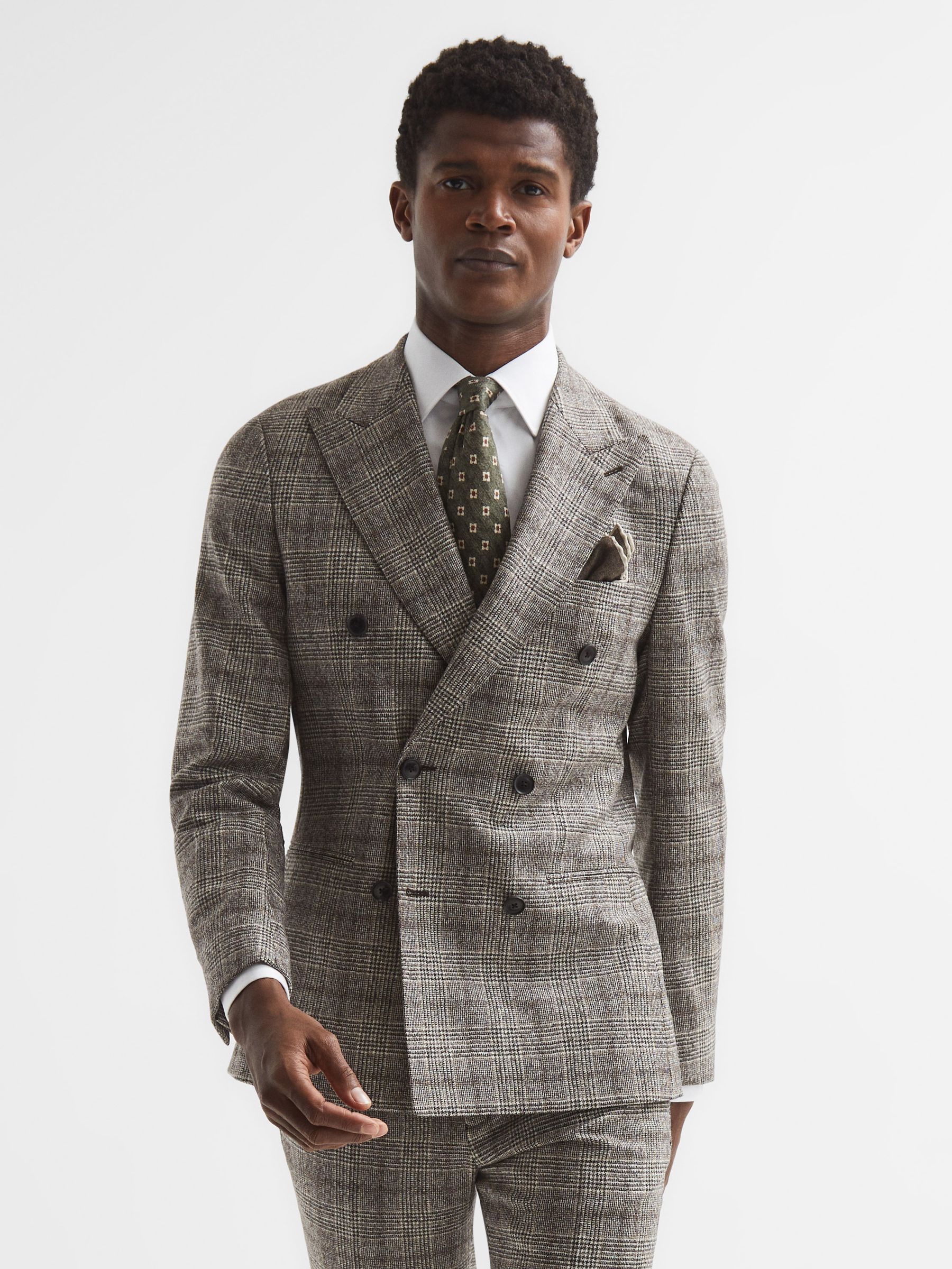 Slim Fit Double Breasted Prince Of Wales Check Blazer in Brown - Image 1 of 9