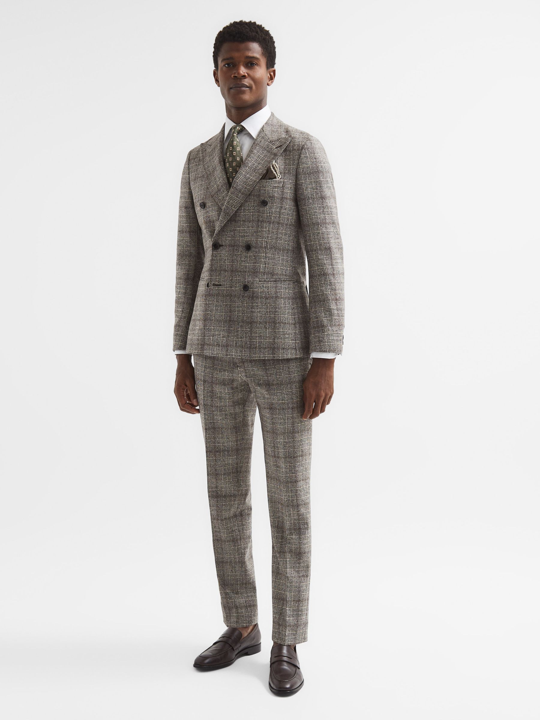 Slim Fit Double Breasted Prince Of Wales Check Blazer in Brown - Image 3 of 9