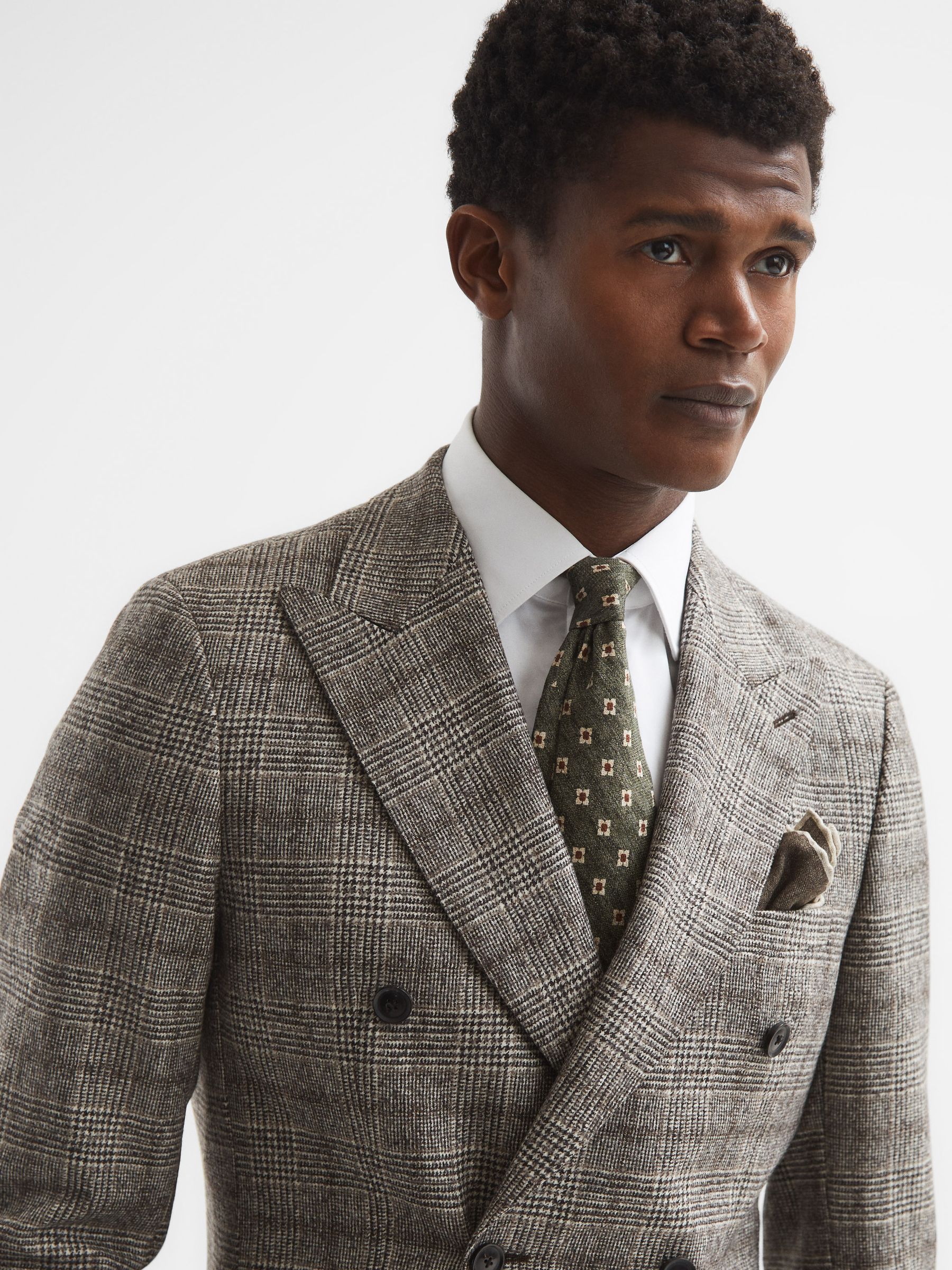 Slim Fit Double Breasted Prince Of Wales Check Blazer in Brown - Image 6 of 9